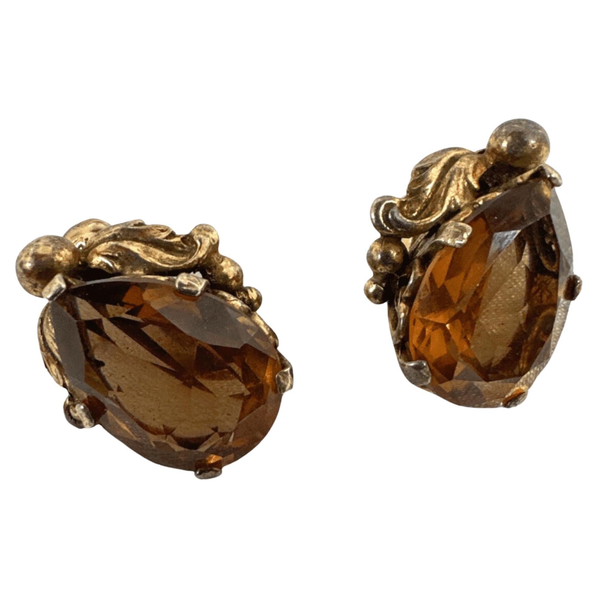 Signed Cini Sterling  Silver Beautiful Orange Crystal Vintage Earring For Sale