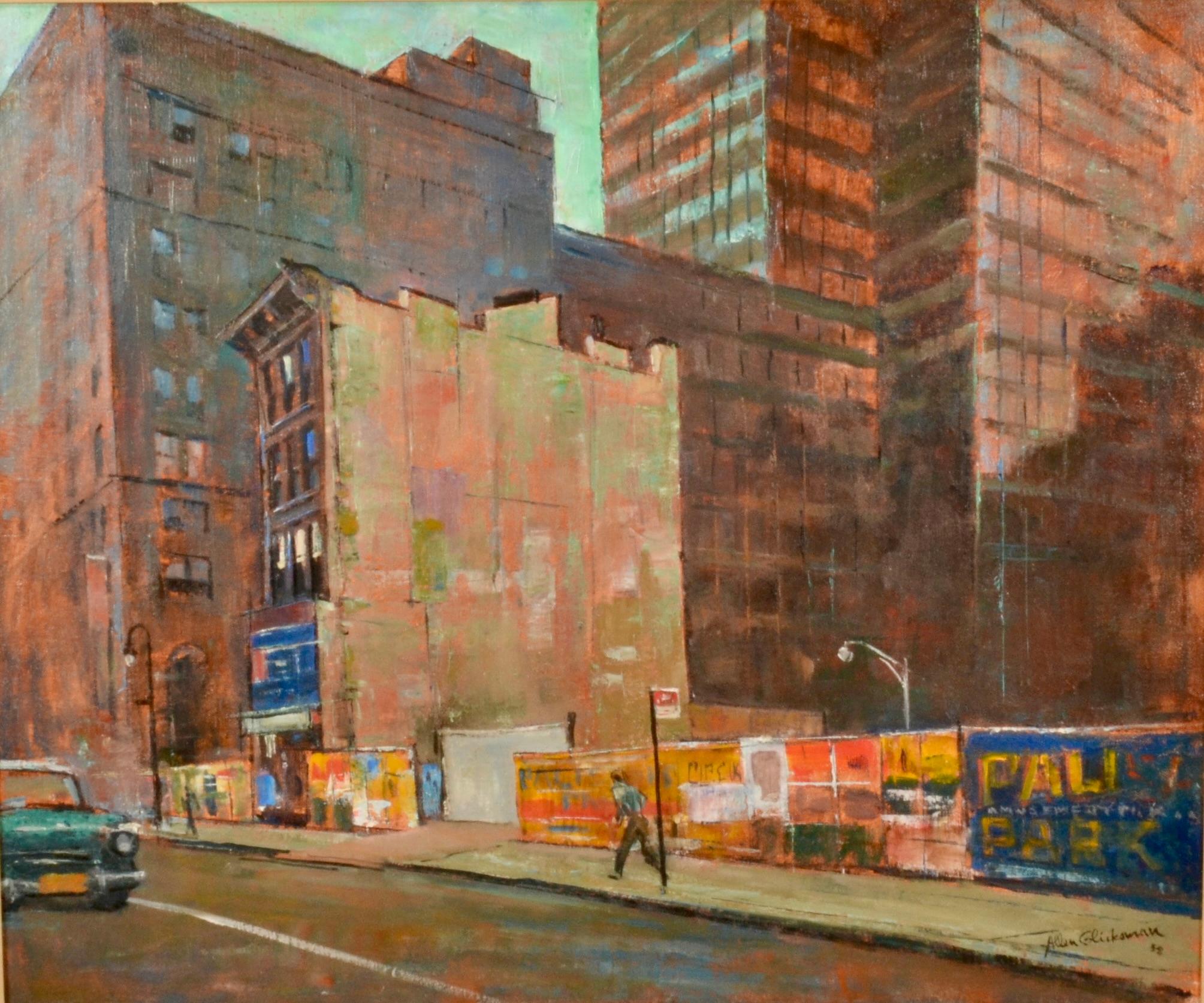 Allen Glicksman (1909 - 1963) è stato un noto artista di New York. È stato membro residente ed espositore del rinomato Salmagundi Club dal 1951 fino alla sua morte. Quest'opera, datata 1958, raffigura una strada di New York in cui edifici vecchi e