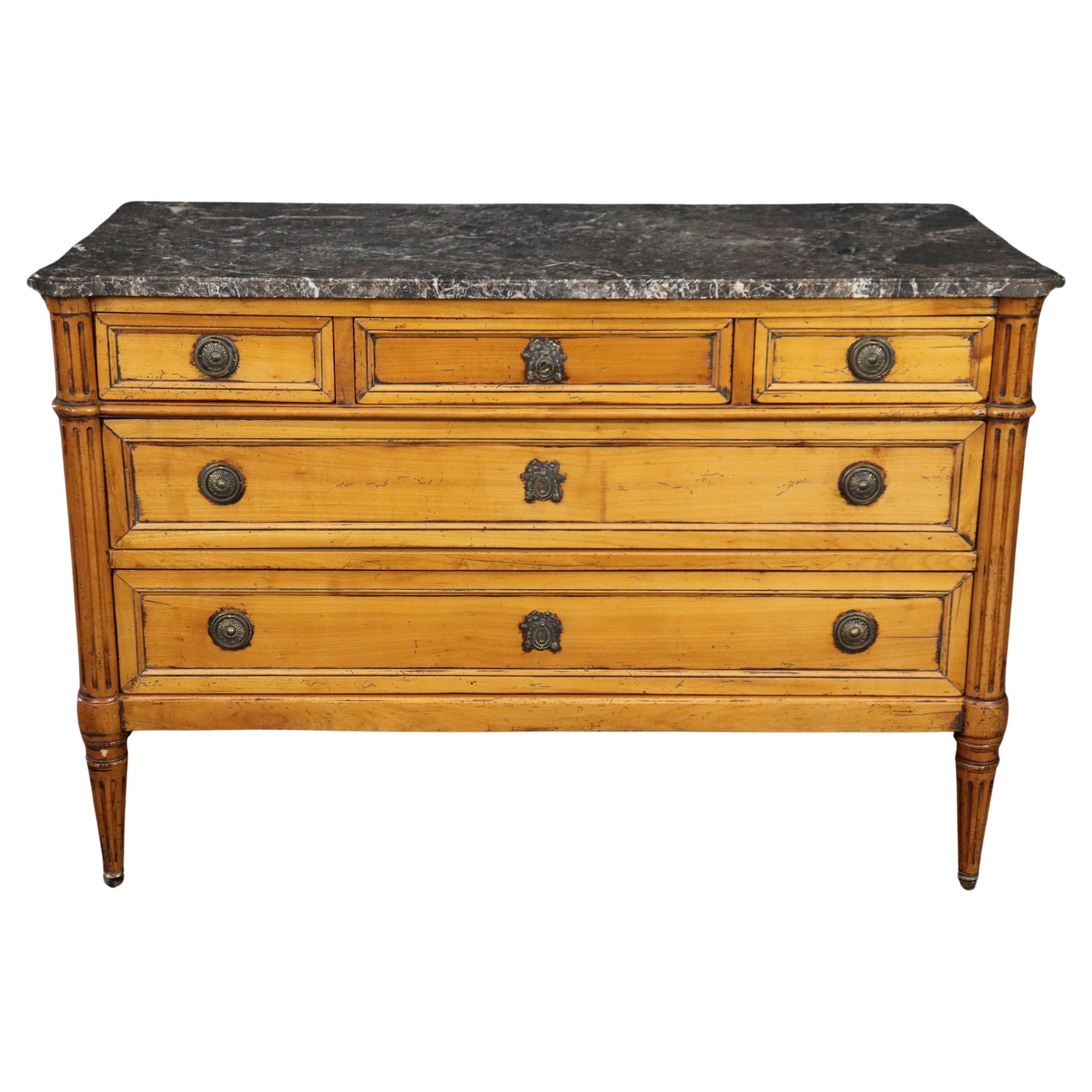  Signed Classic Louis XVI Distressed Walnut Marble Directoire Commode