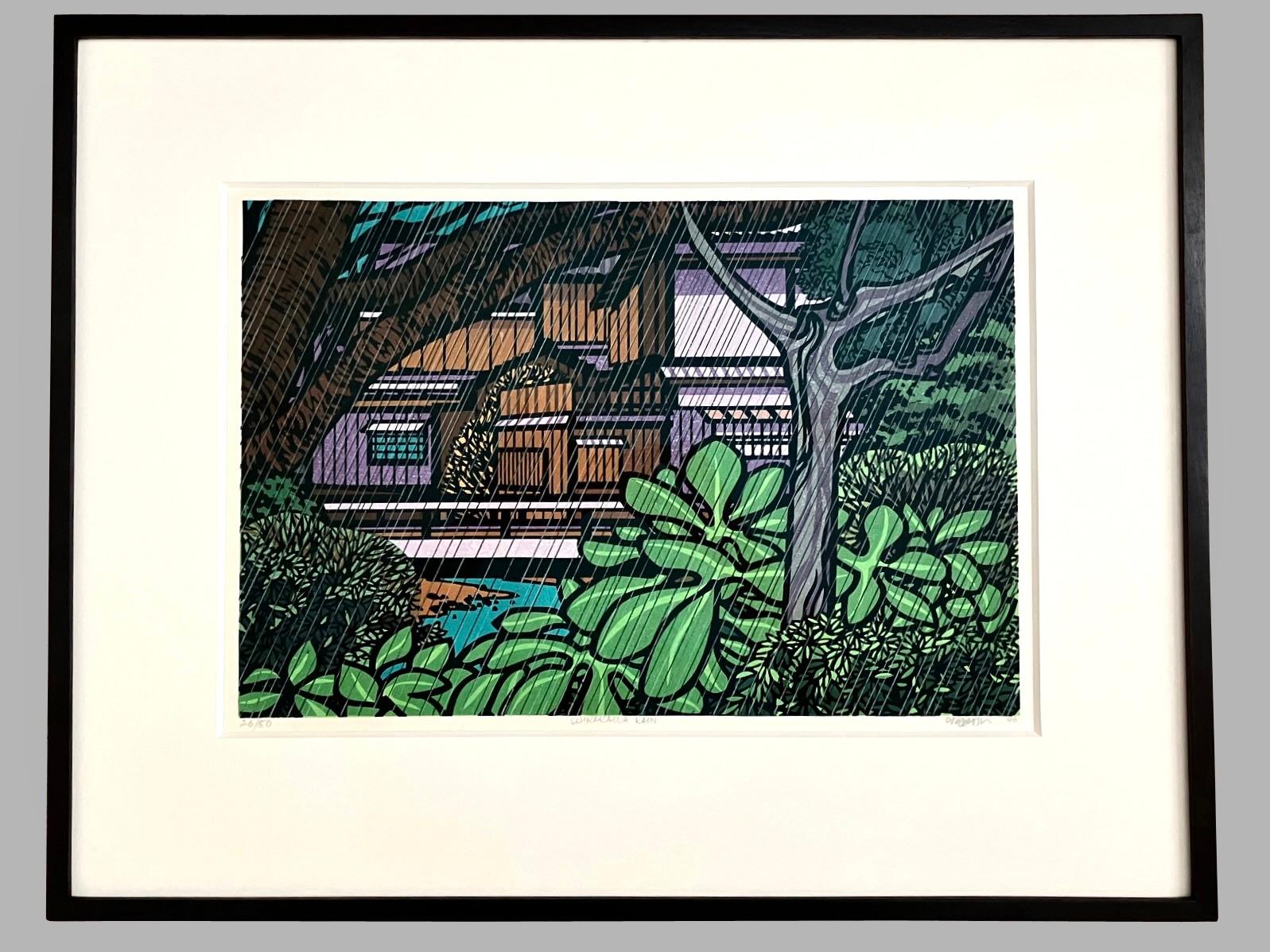 Signiert Clifton Karhu (Amerikaner, 1927-2007) Holzschnitt Shirakawa Regen 26/50 (Japanisch) im Angebot