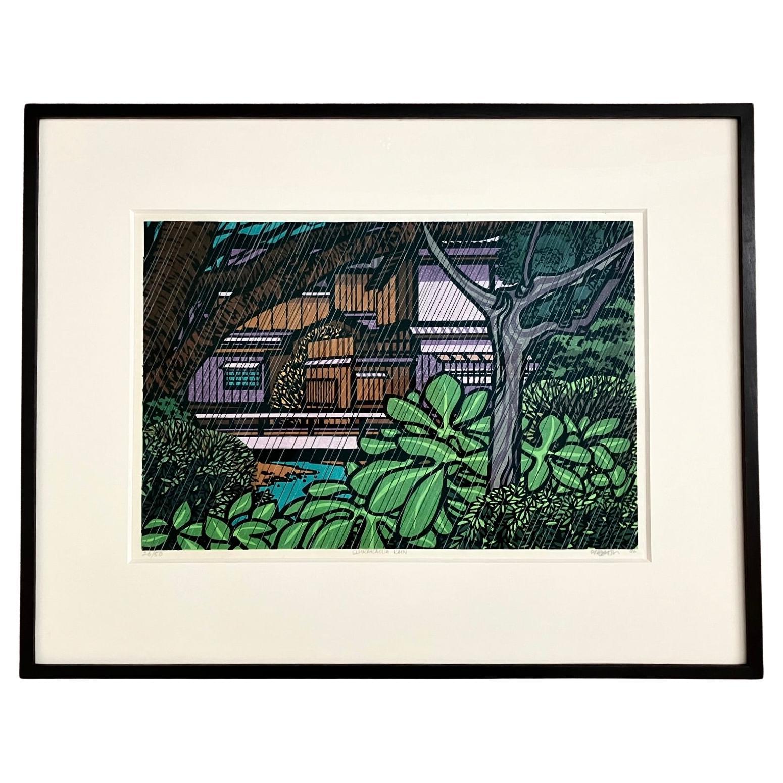Signed Clifton Karhu (American, 1927-2007) Woodblock Print Shirakawa Rain 26/50 For Sale