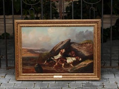 Peinture à l'huile sur toile de Colin Graeme Roe, signée, représentant deux lévriers dans un cadre doré