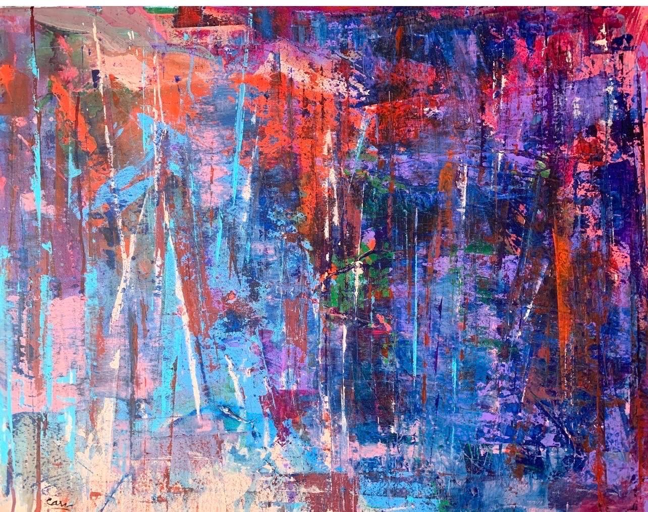 Signed Colorful Original Abstract Expressionist Painting by Arlene Carr In Distressed Condition For Sale In West Hartford, CT