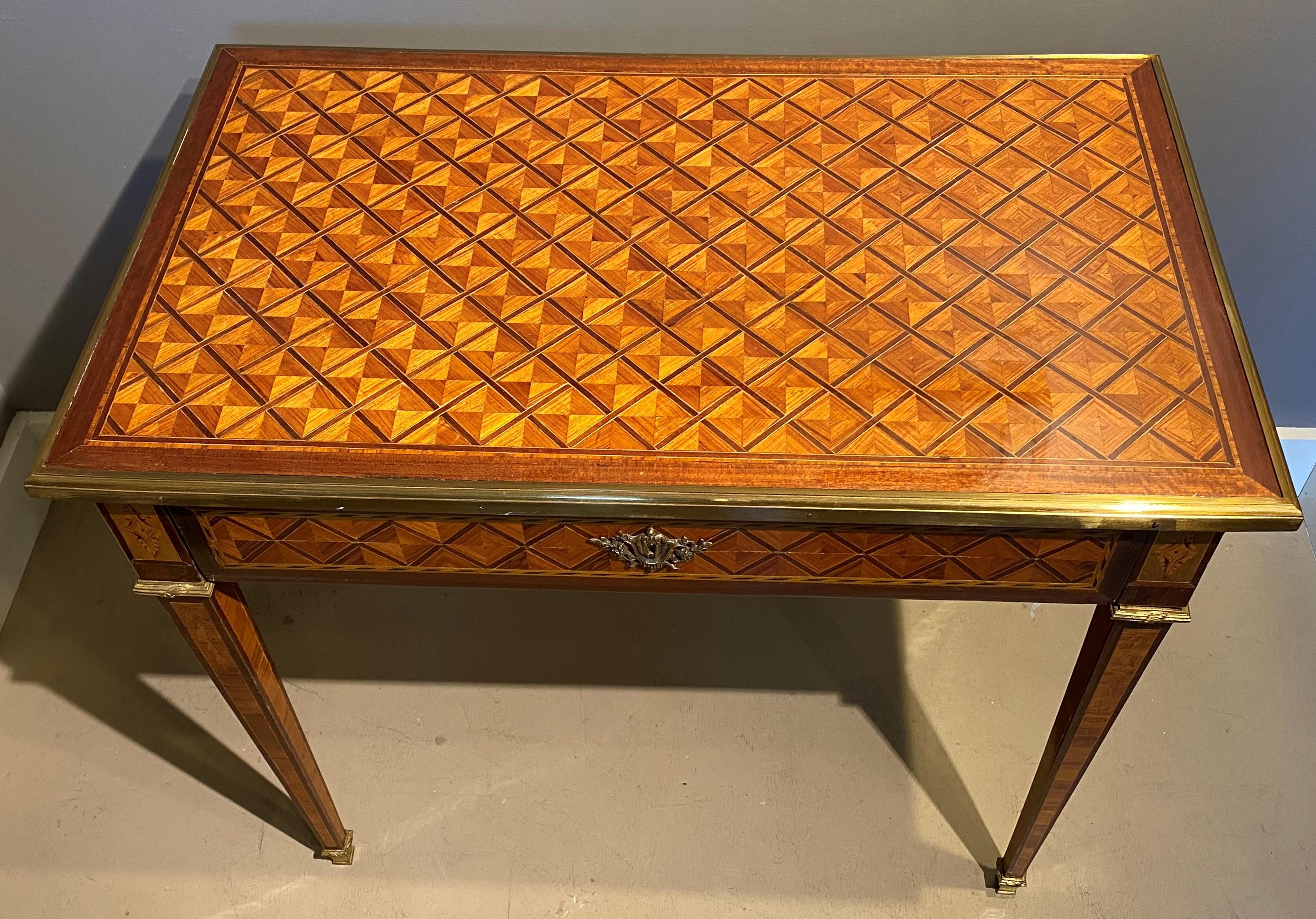 European Signed Continental Fruitwood Metamorphic Parquetry or Mechanical Table / Desk