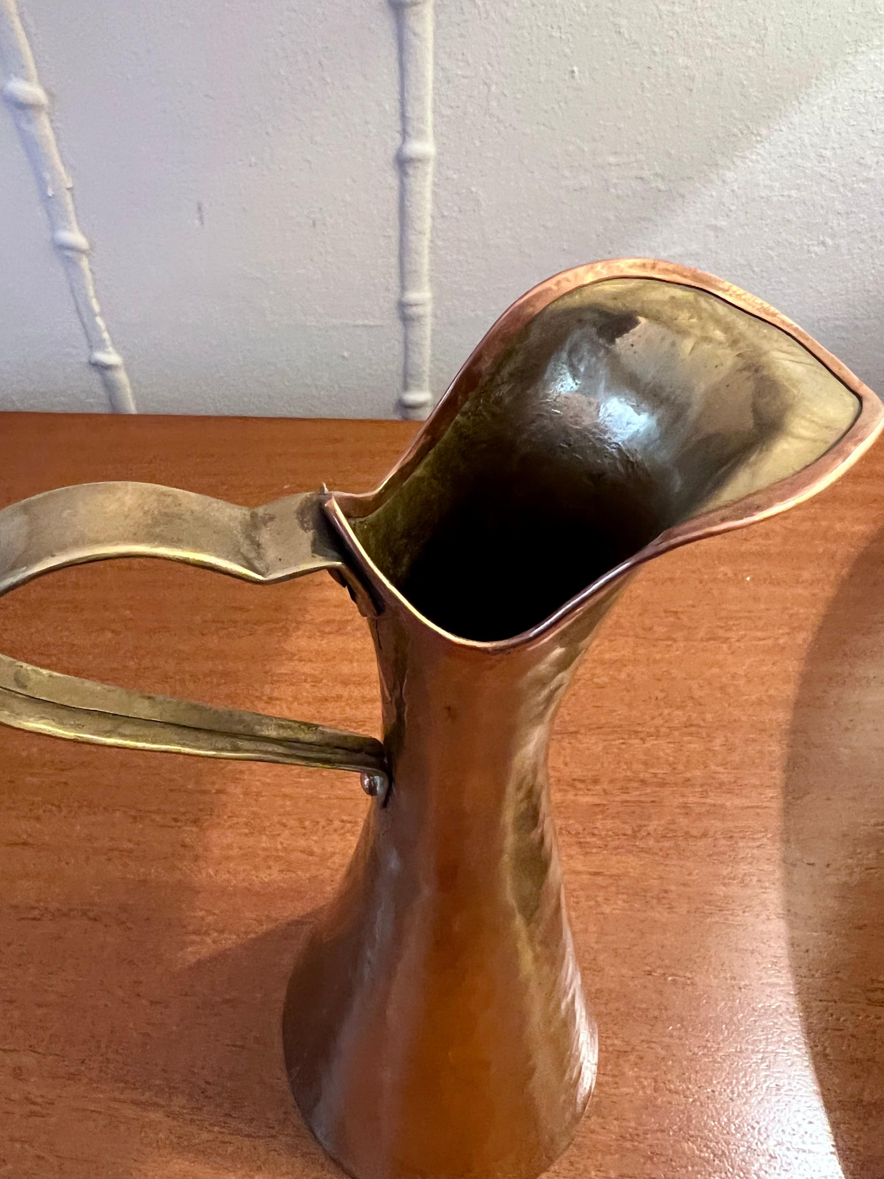 Signed Copper and Brass Pitcher with Handle For Sale 7