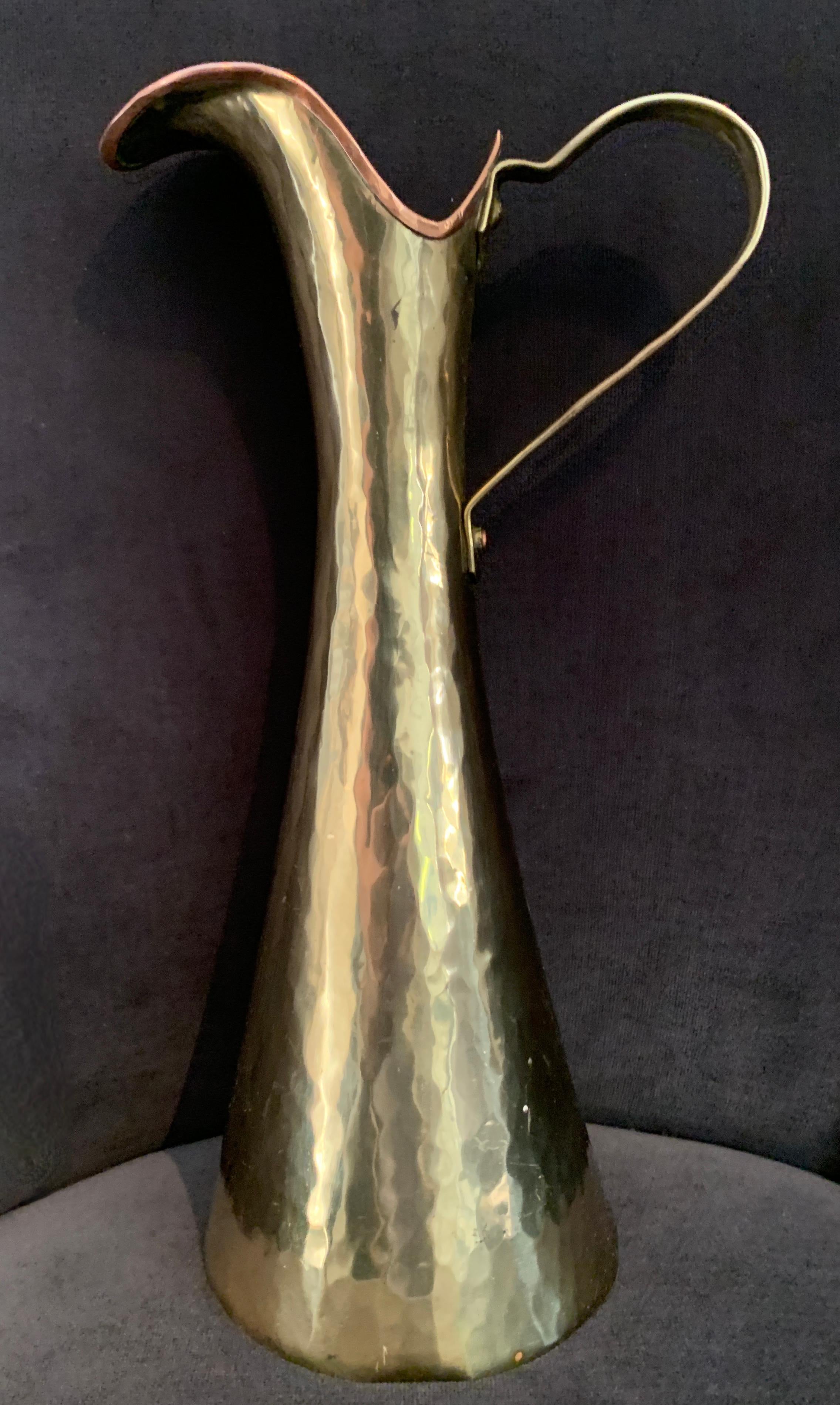 Hammered Signed Copper and Brass Pitcher with Handle For Sale