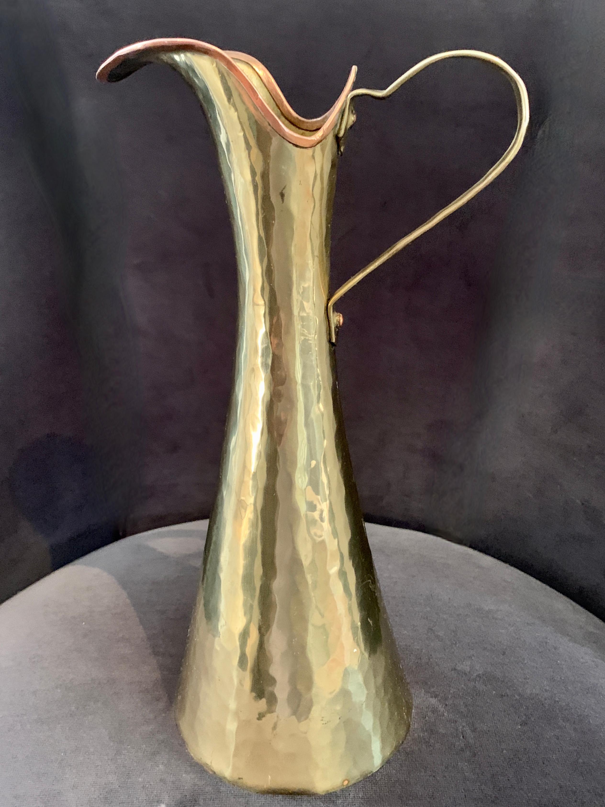 20th Century Signed Copper and Brass Pitcher with Handle For Sale