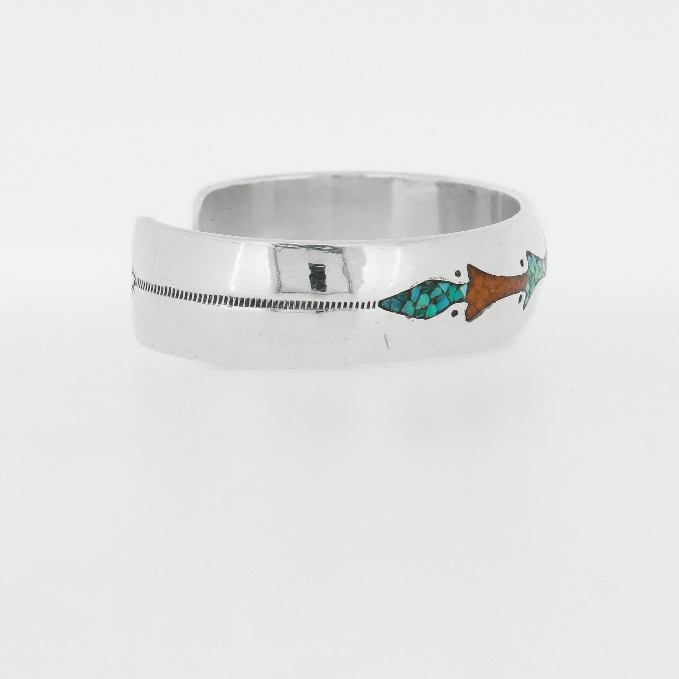 Pulsera de plata, turquesa y coral firmada Corbet Joe Navajo Nativo Americano en venta 5