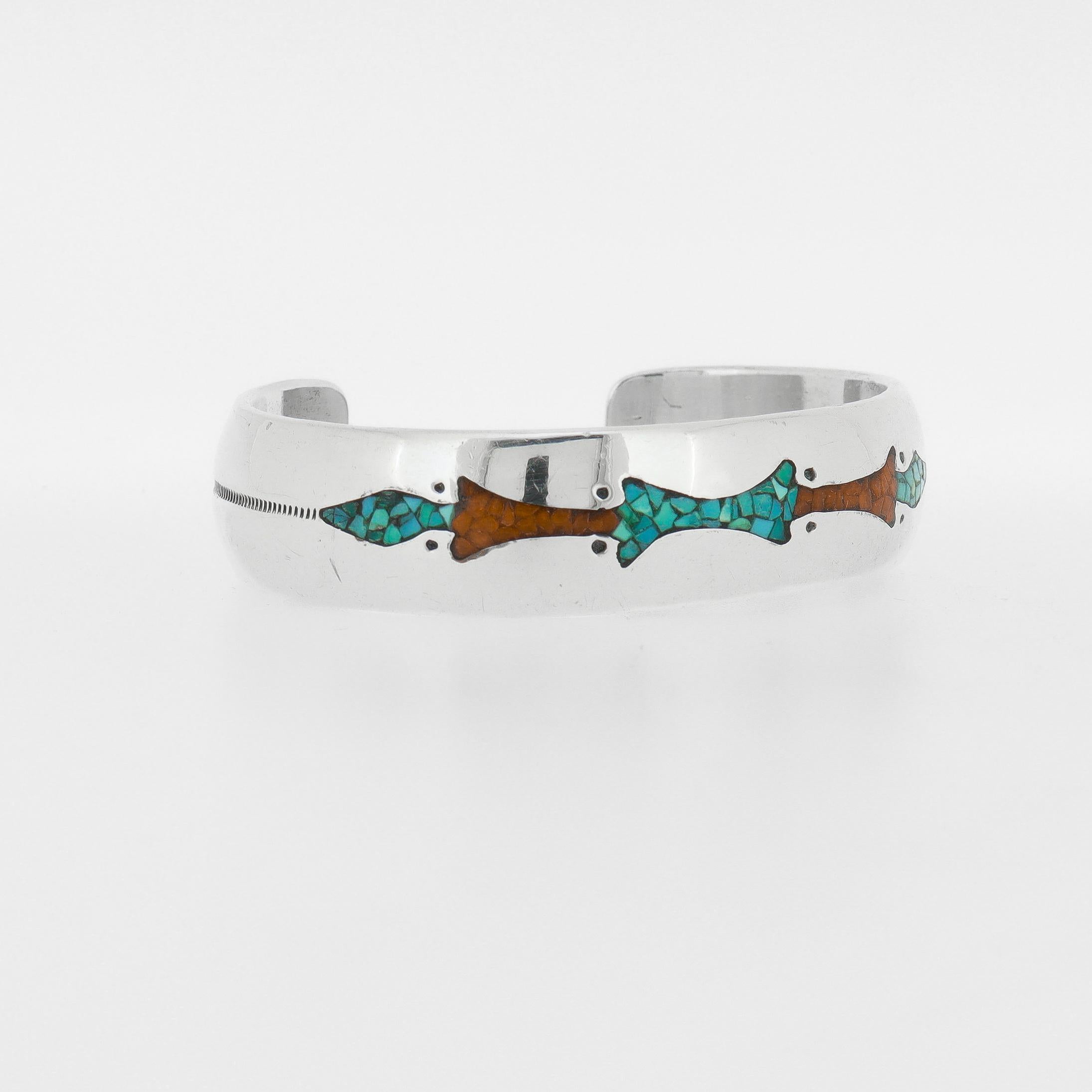 Pulsera de plata, turquesa y coral firmada Corbet Joe Navajo Nativo Americano en venta 6