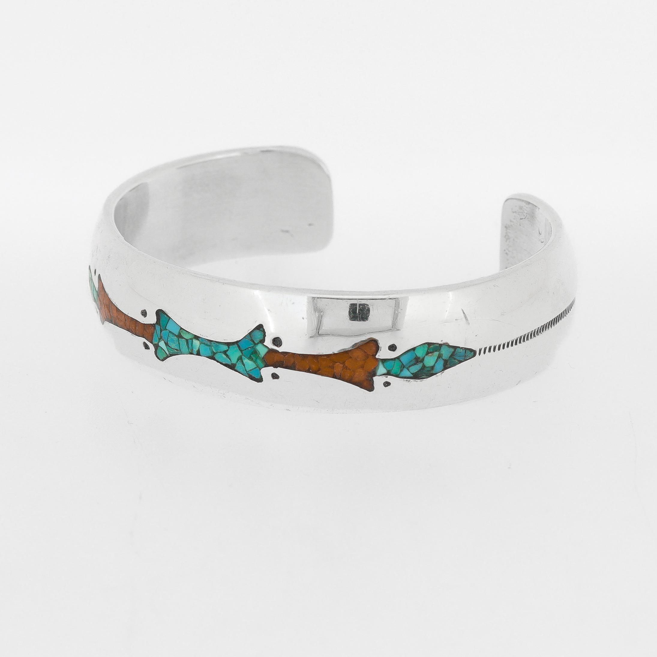Pulsera de plata, turquesa y coral firmada Corbet Joe Navajo Nativo Americano en venta 1