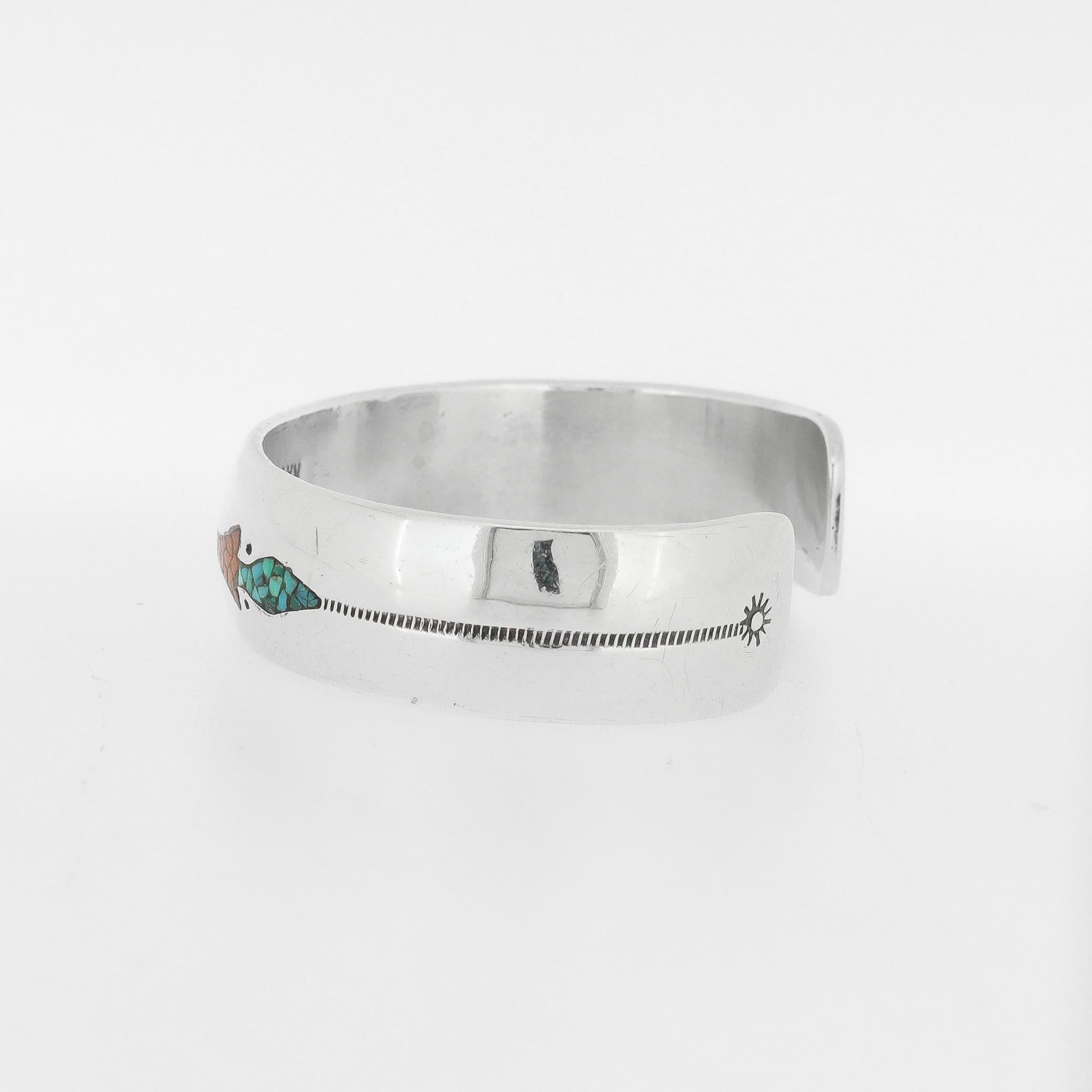 Pulsera de plata, turquesa y coral firmada Corbet Joe Navajo Nativo Americano en venta 2