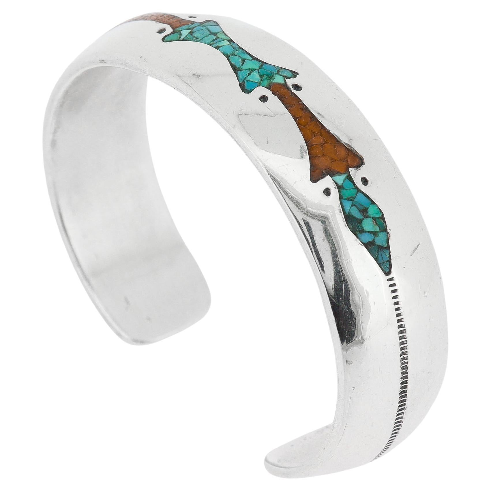 Pulsera de plata, turquesa y coral firmada Corbet Joe Navajo Nativo Americano en venta