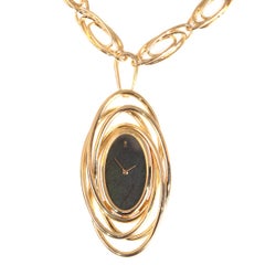 Signed Corum Stylish Vintage 1970s Gold Long Necklace with Watch