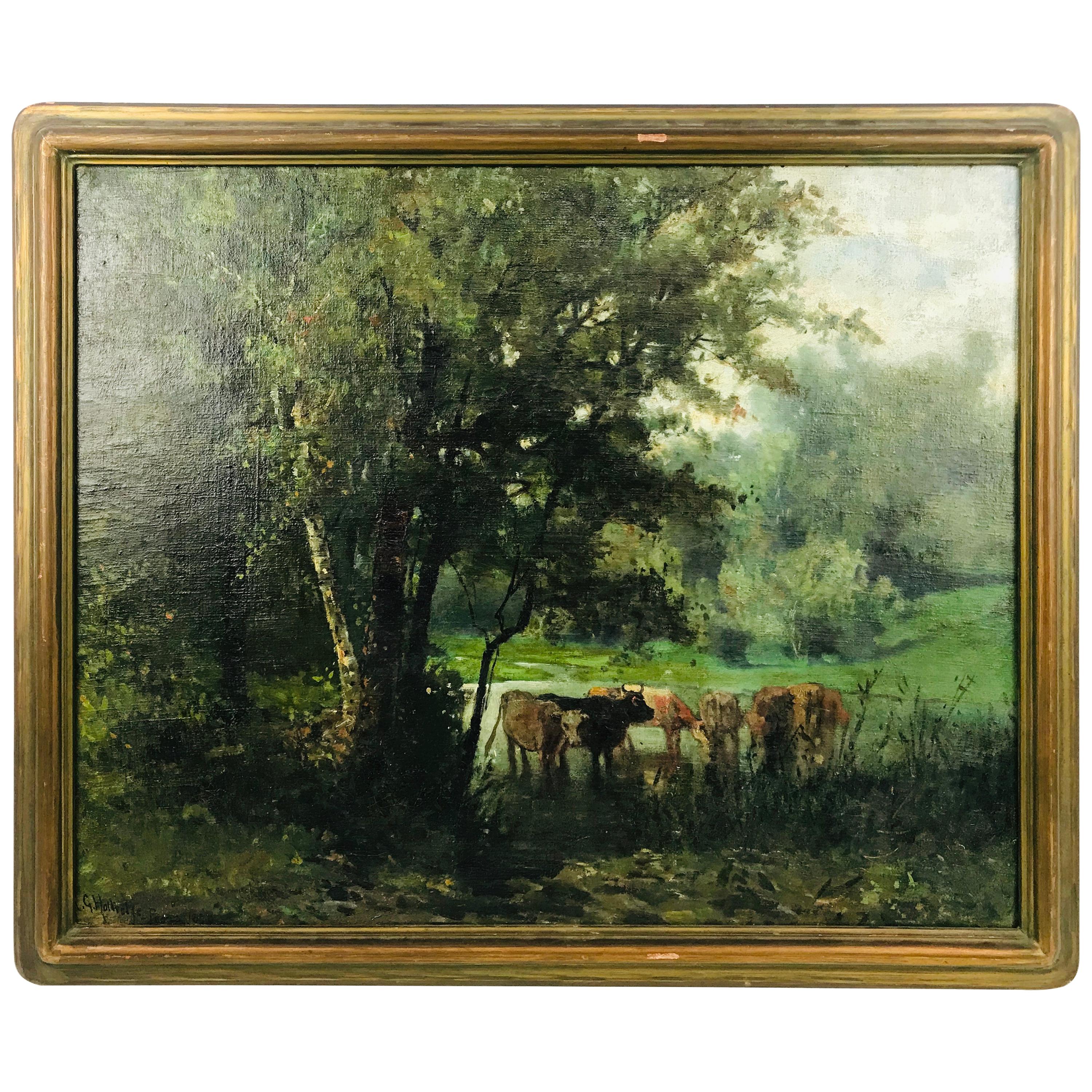 Signed "Cows with Water and Landscape" Oil on Canvas by Ransome Gillet Holdridge