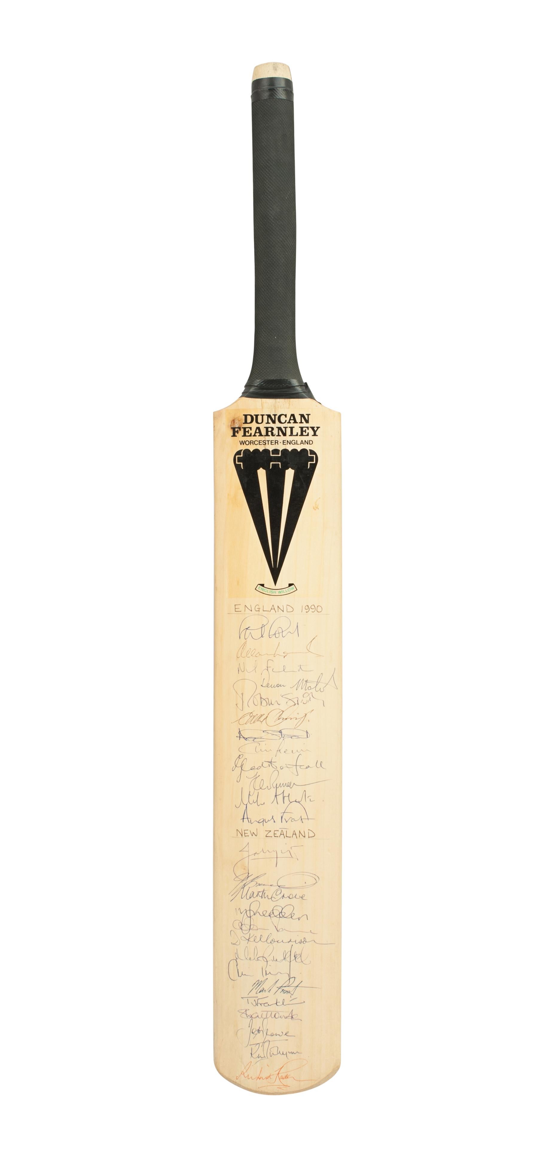 Signed cricket bat by the 1990 England & New Zealand cricket teams.
A good Duncan Fearnly endorsed cricket bat signed to the front of the blade by the 1990 England and New Zealand cricket teams. The blade face has around 26 original signatures in