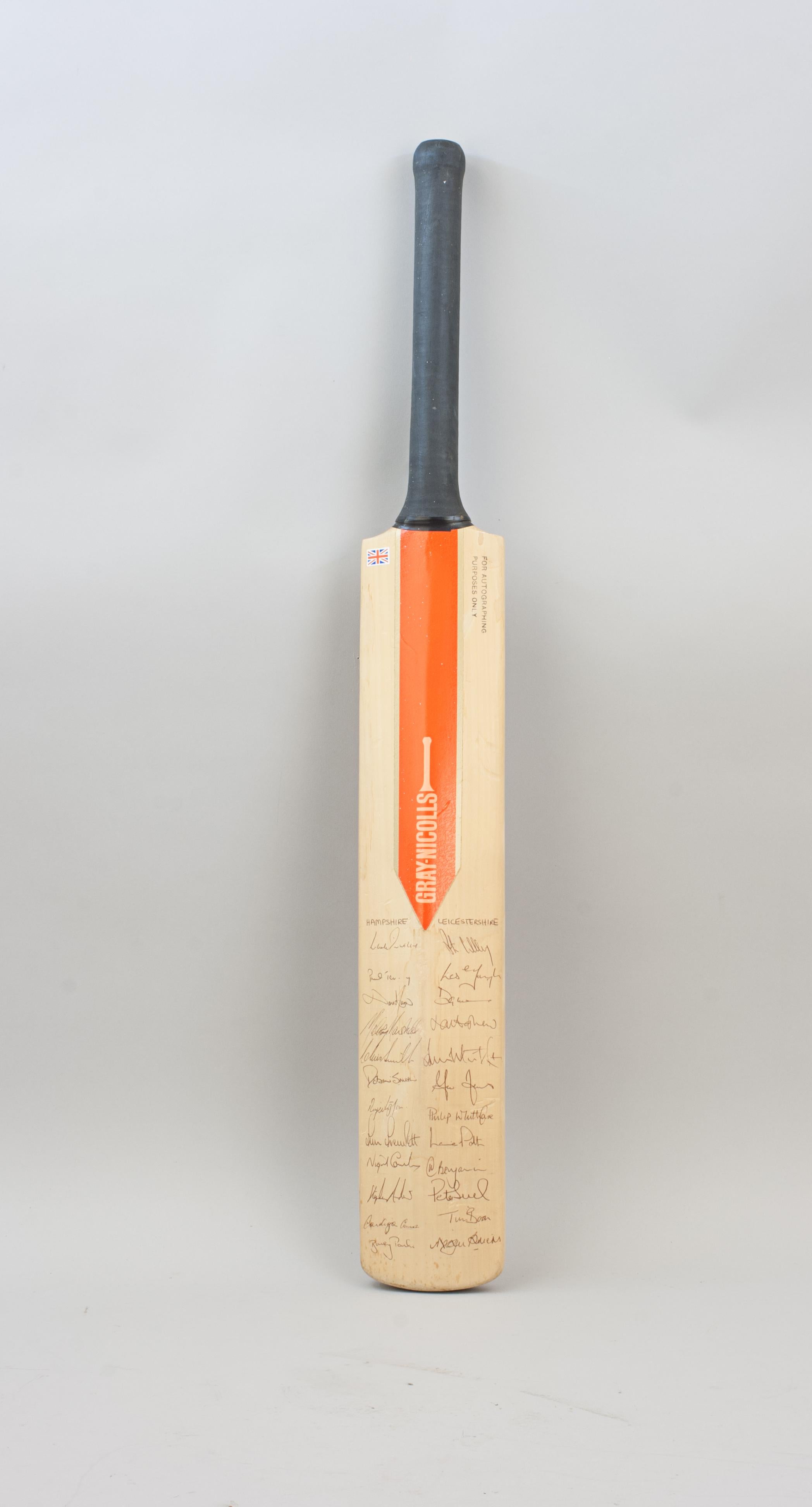 Autographed Cricket Bat, Chris Tavaré Benefit Year' 88.
A Gray-Nicolls 'For Autographing Purposes Only' cricket bat with signatures from Kent, Middlesex, Hampshire & Leicestershire for Kent's Chris Tavaré Benefit Match, 1988. The willow cricket bat