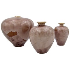 Signed Crystalline Porcelain Vase Trio by Louise Reding