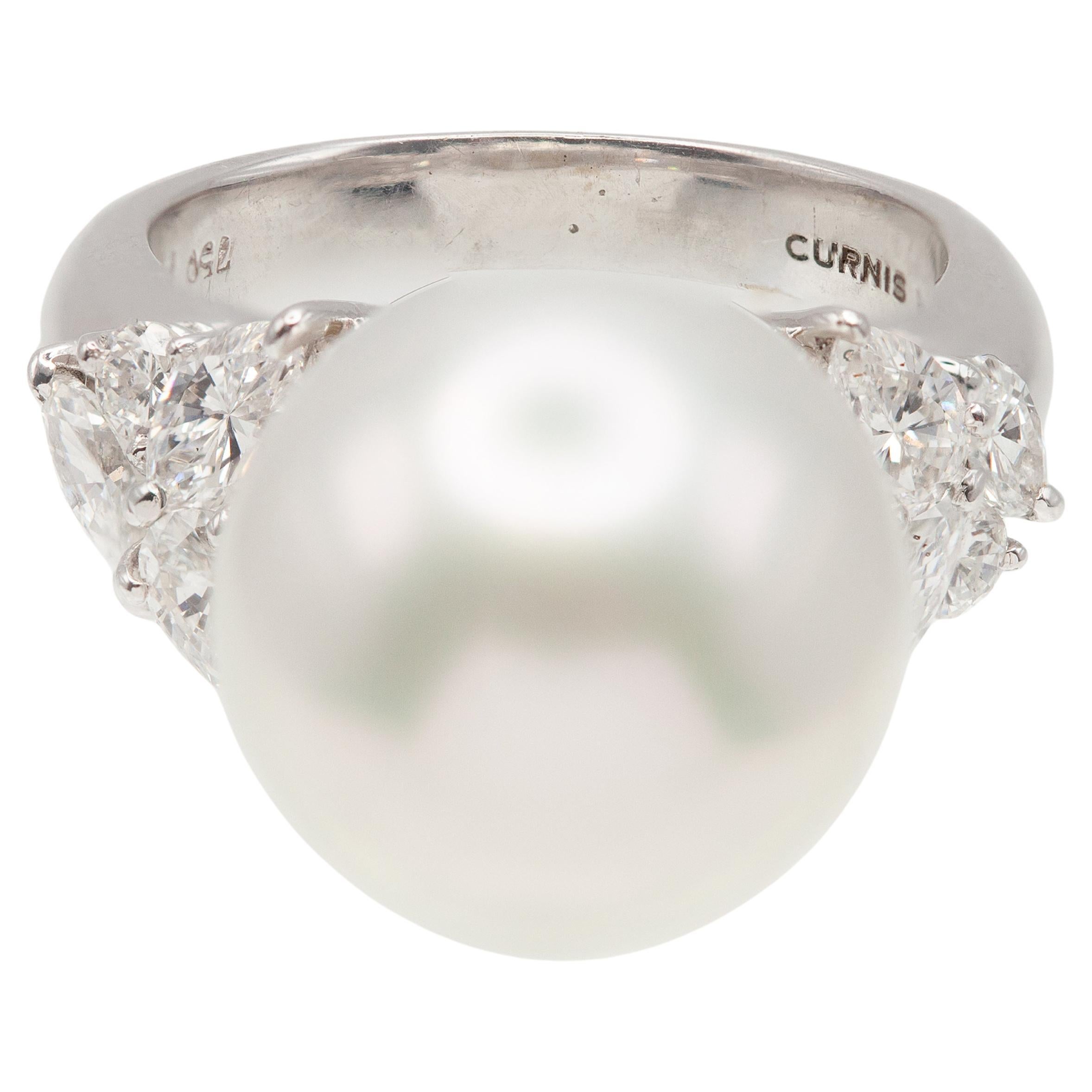 Signed CURNIS South Sea Pearl Diamond Ring in 18 Karat White Gold For Sale