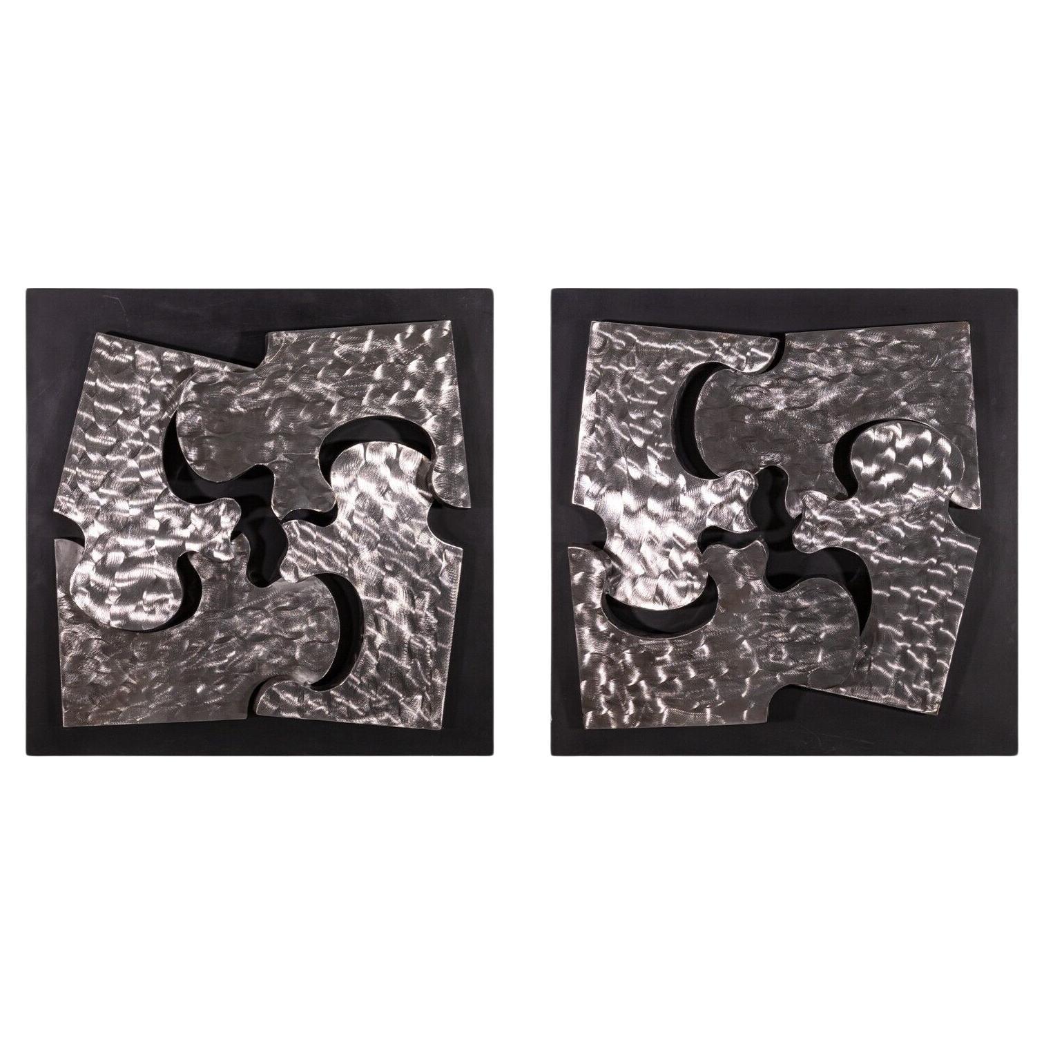 Signed Curtis Jere 1999 Pair of Puzzle Piece Brushed Metal Wall Sculptures For Sale