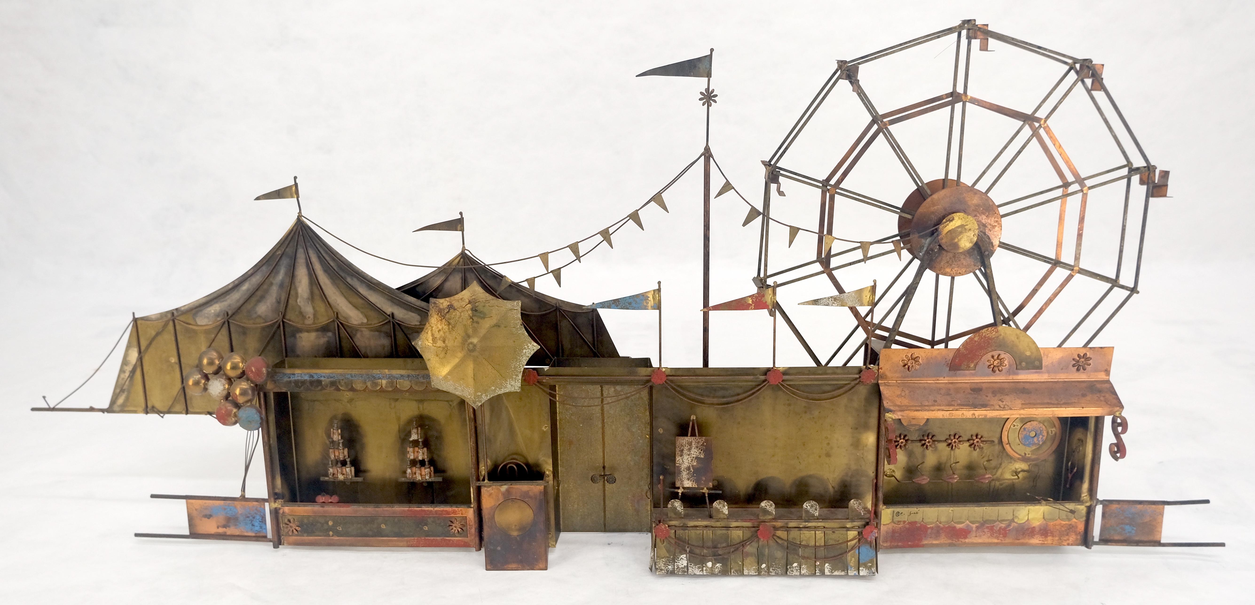 Sculpture murale en laiton signée Curtis Jere Scène de Carnaval Grande Roue en vente 1