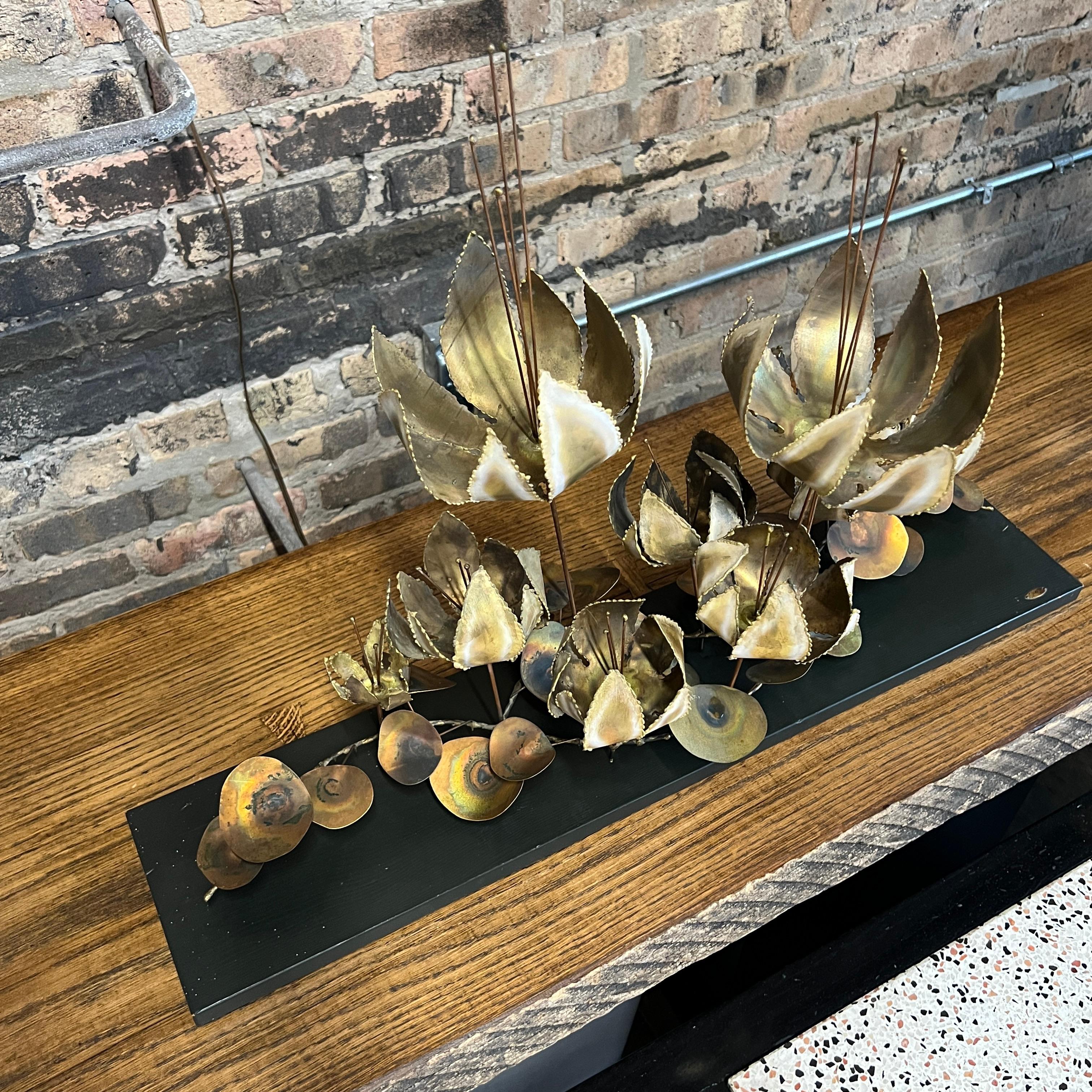 Brutalist Signed Curtis Jere Brass Floral Table Sculpture Mounted on Board For Sale
