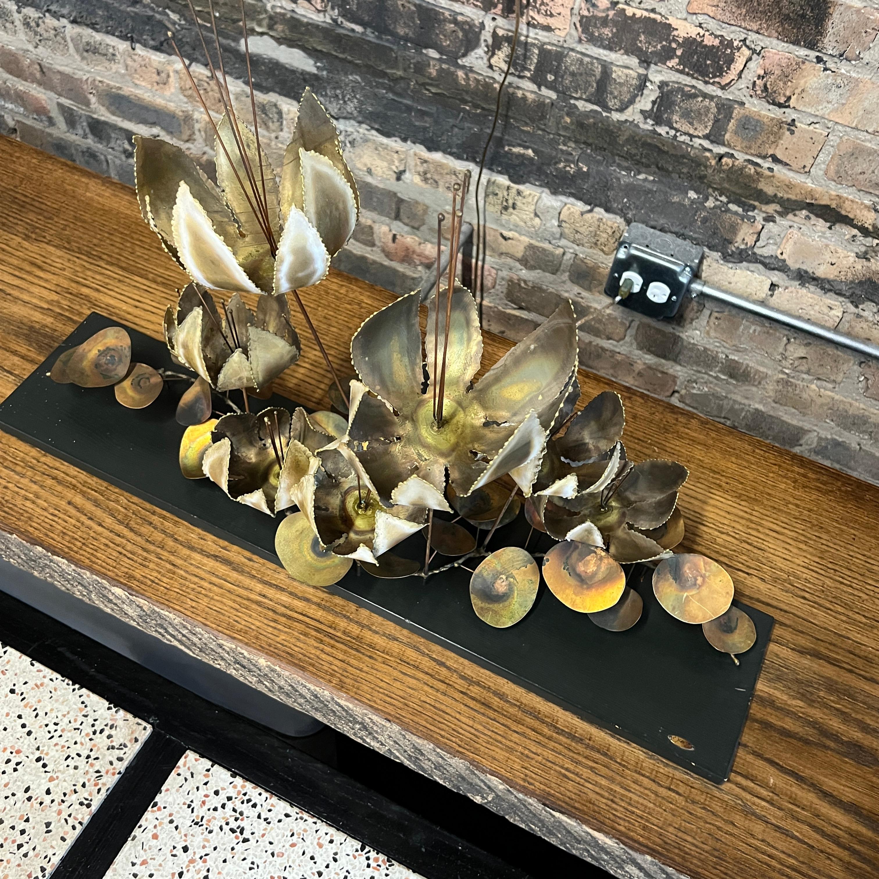 Signed Curtis Jere Brass Floral Table Sculpture Mounted on Board In Good Condition For Sale In Chicago, IL