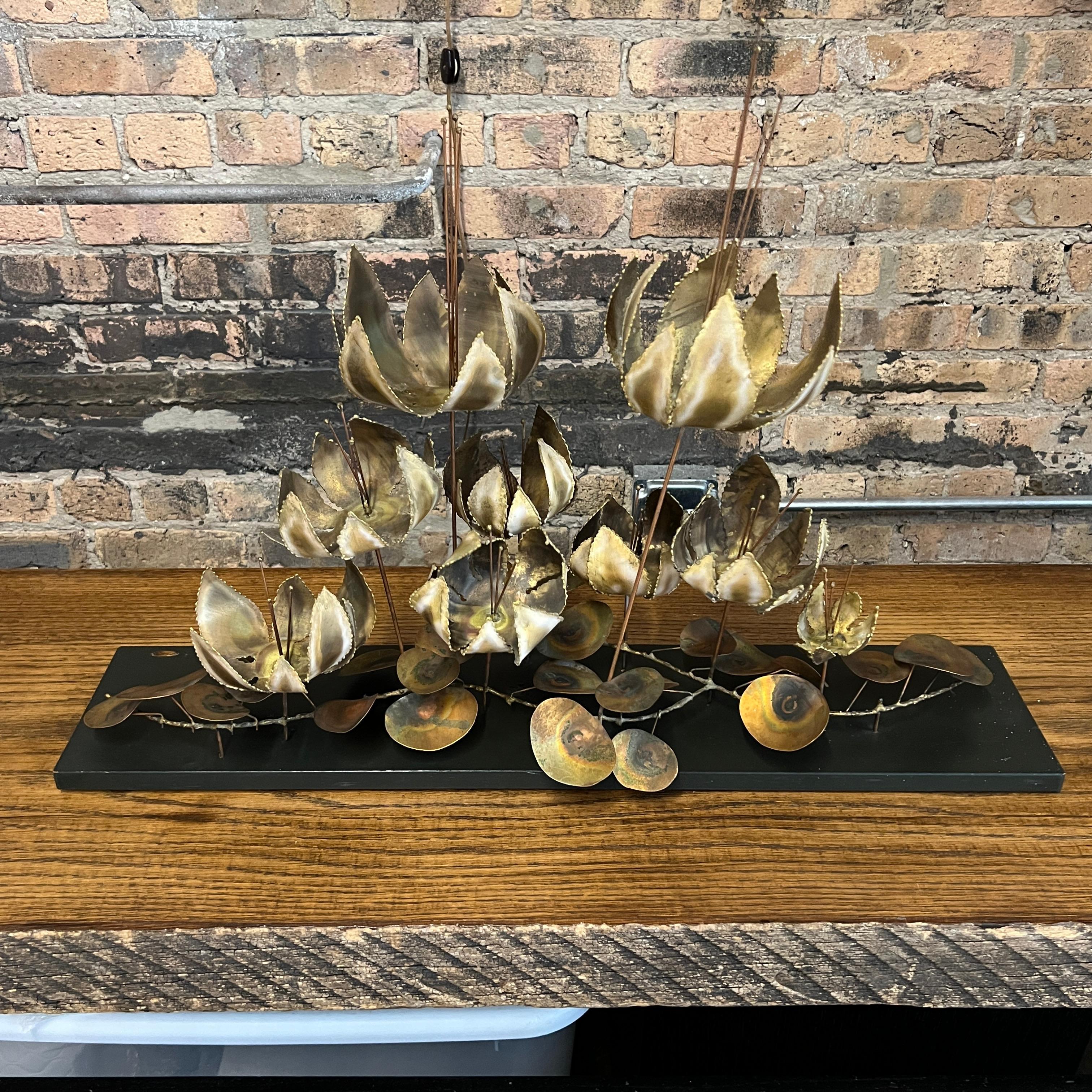 Signed Curtis Jere Brass Floral Table Sculpture Mounted on Board For Sale 1