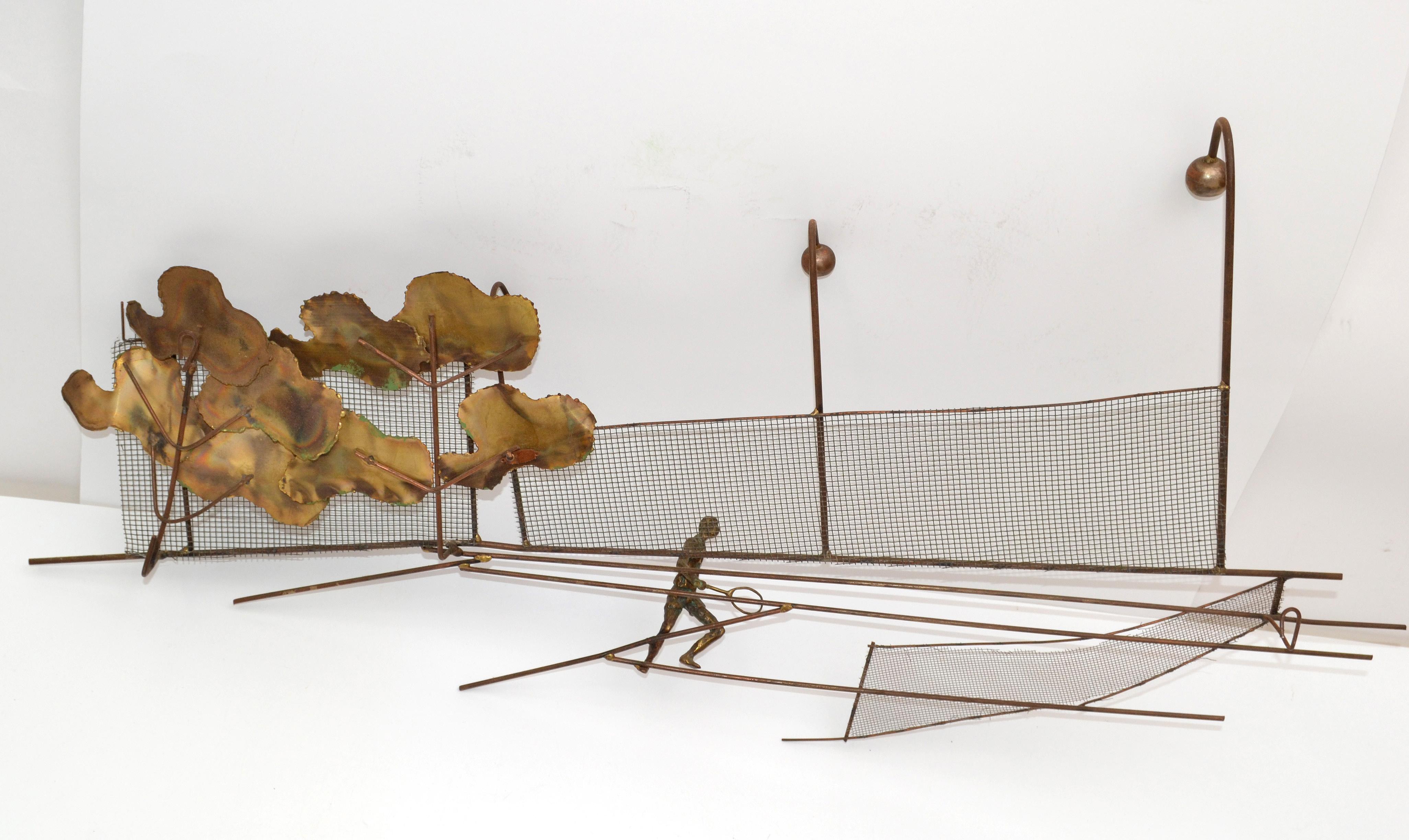 Mid-Century Modern Signed Curtis Jere Bronze Tennis Player on the Tennis Court, Wall Art Sculpture