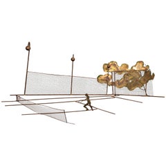 Signed Curtis Jere Bronze Tennis Player on the Tennis Court, Wall Art Sculpture
