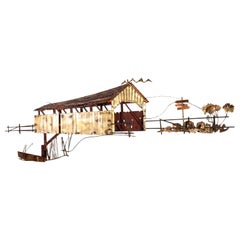 Signed Curtis Jere Covered Red Bridge Metal Wall Hanging Sculpture
