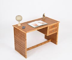 Signed Dal Vera Mid-Century Desk with Drawers in Bamboo and Wicker, Italy 1970s