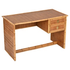 Signed Dal Vera Mid-Century Desk with Drawers in Bamboo and Wicker, Italy 1970s