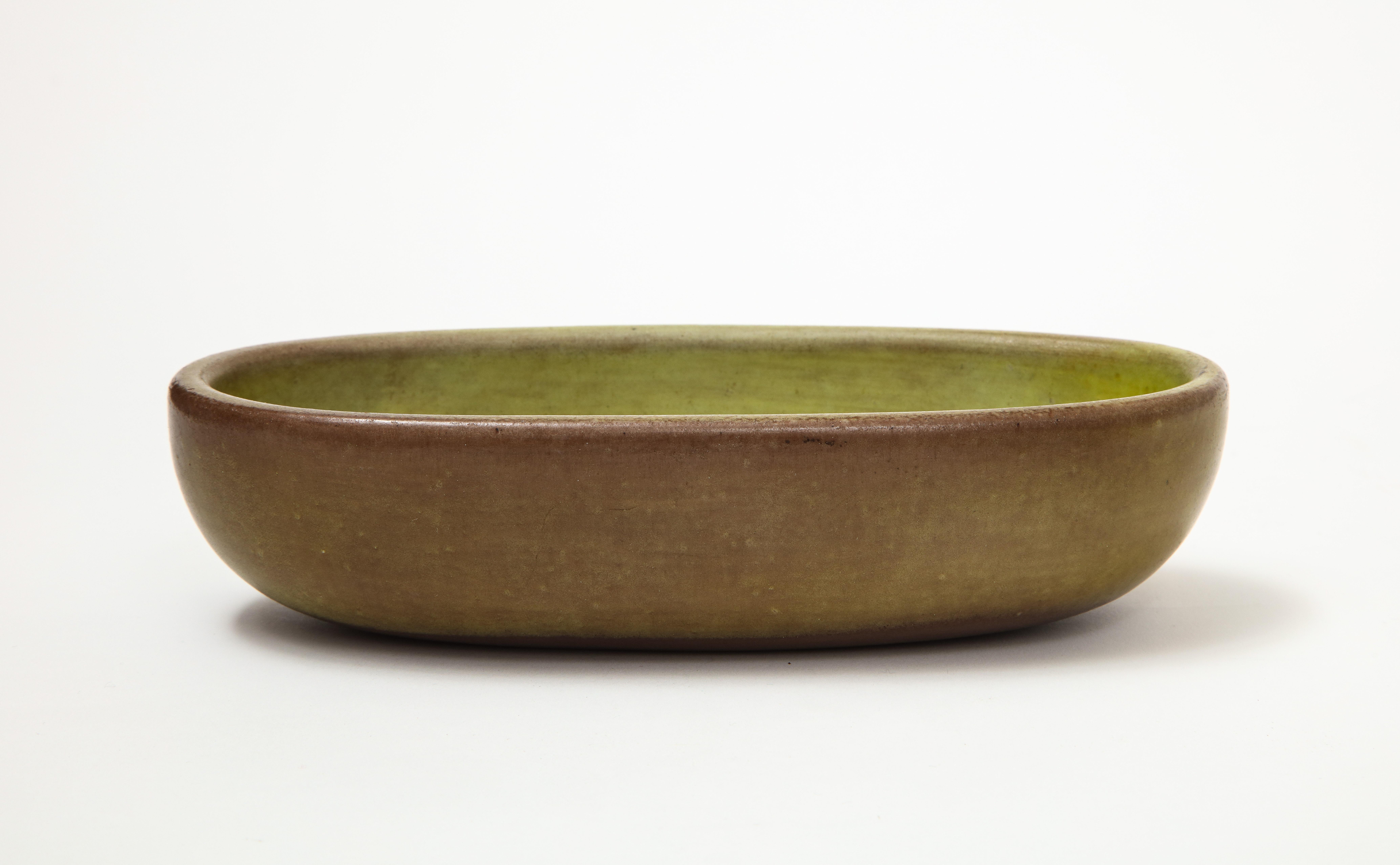 Glazed Brown and Green Oval Ceramic Tray by Dani and Jacques Ruelland, France, c. 1950s
