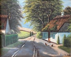 Signed Danish Rural Landscape Painting with Thatched Cottage, 20th Century