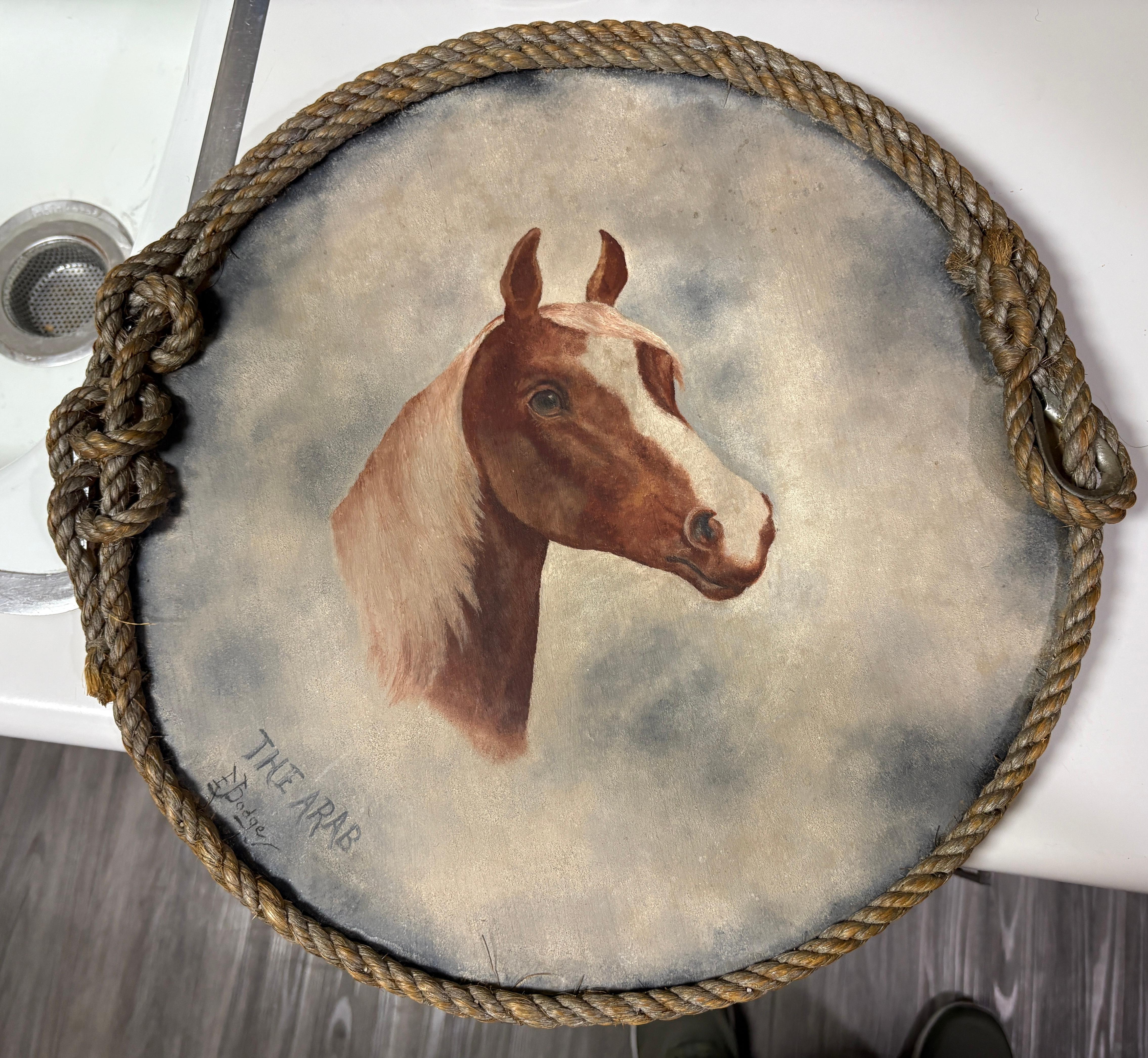 Ende 19. Jahrhundert  Pferdemalerei von E badge BODGE unterzeichnet sieht aus wie es 1909 datiert ist und es ist die arabische ARAB schöne schöne Pferd Malerei auf dem Brett mit einem Seil Rahmen Seil geflochtenen Rahmen auf dem Brett herrlich