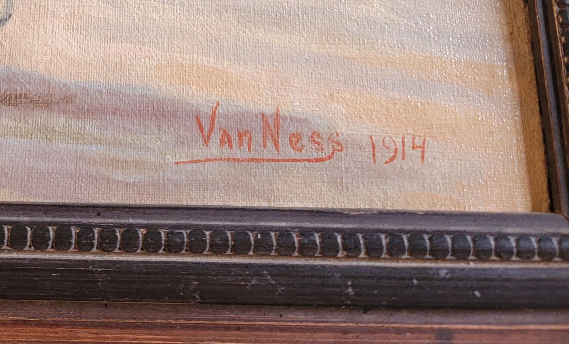 Dieses feine Ölgemälde auf Kunstkarton ist von Van Ness signiert und auf 1914 datiert. Das Gemälde befindet sich auch in einem Holzrahmen. Dies ist ein gelisteter Künstler.