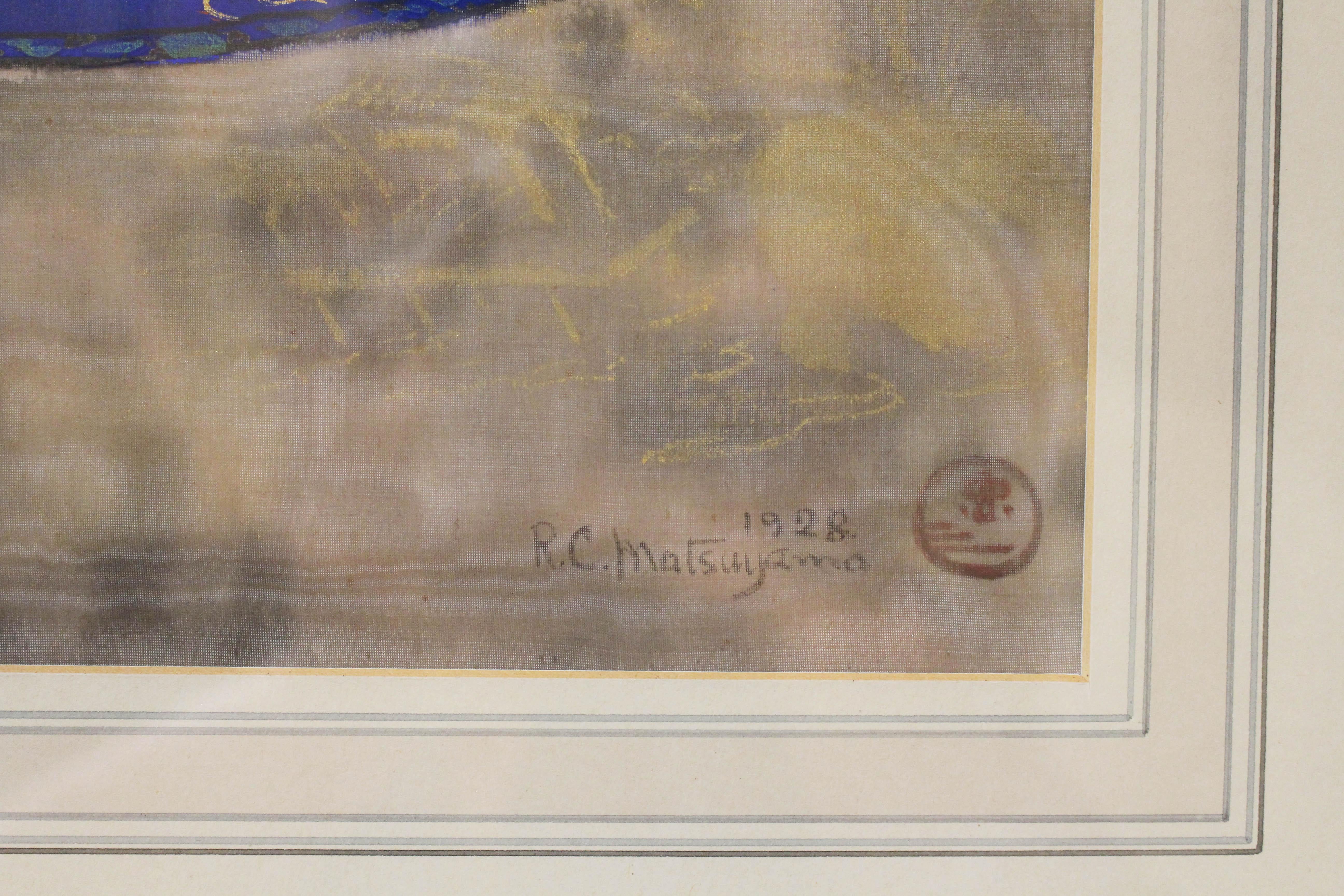 Aquarelle sur soie de 1928 signée et datée par A.C. Matsuyama représentant des 