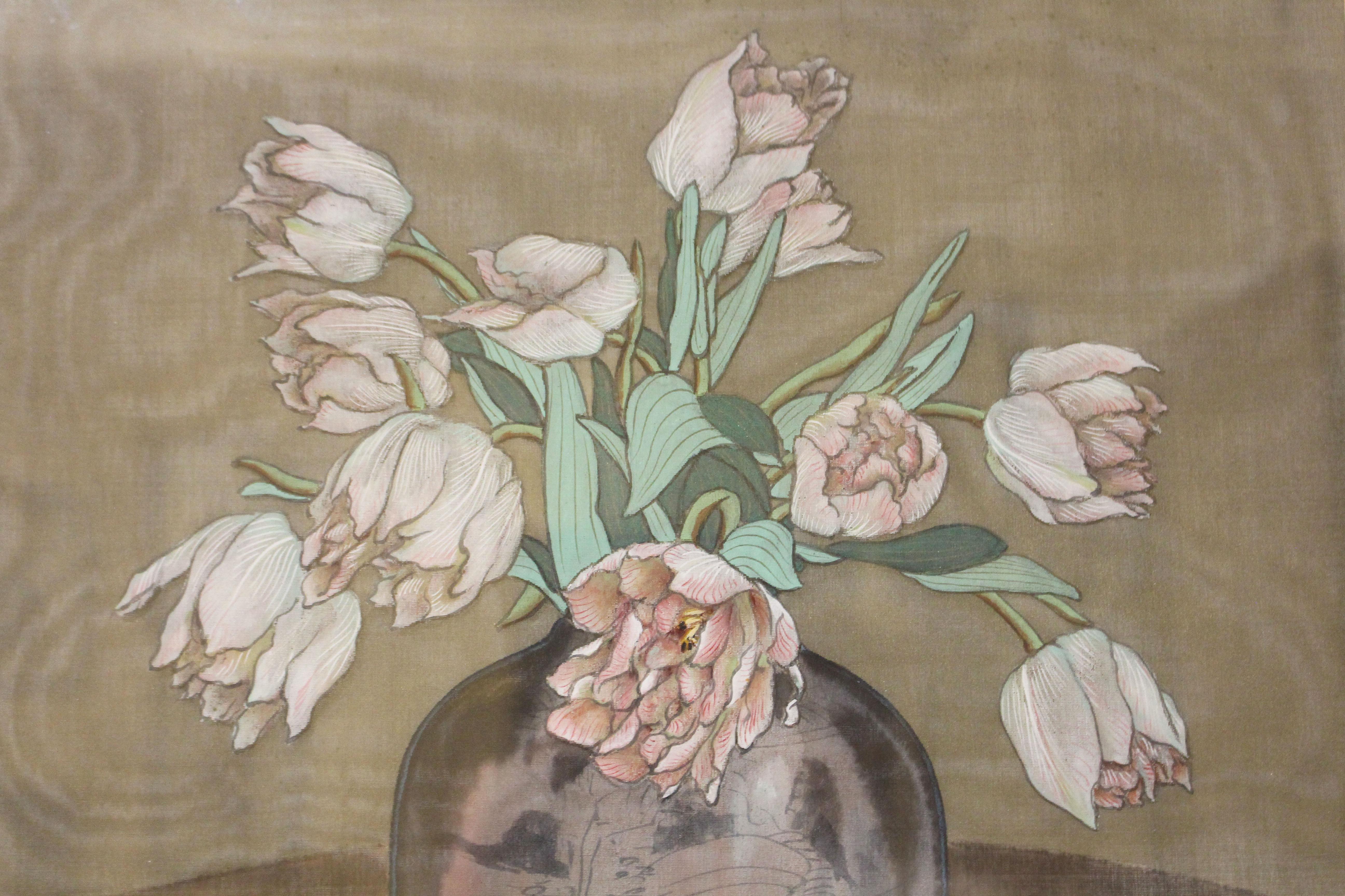 Anglo-japonais Aquarelle sur soie de 1928 signée et datée par A.C. Matsuyama représentant des 