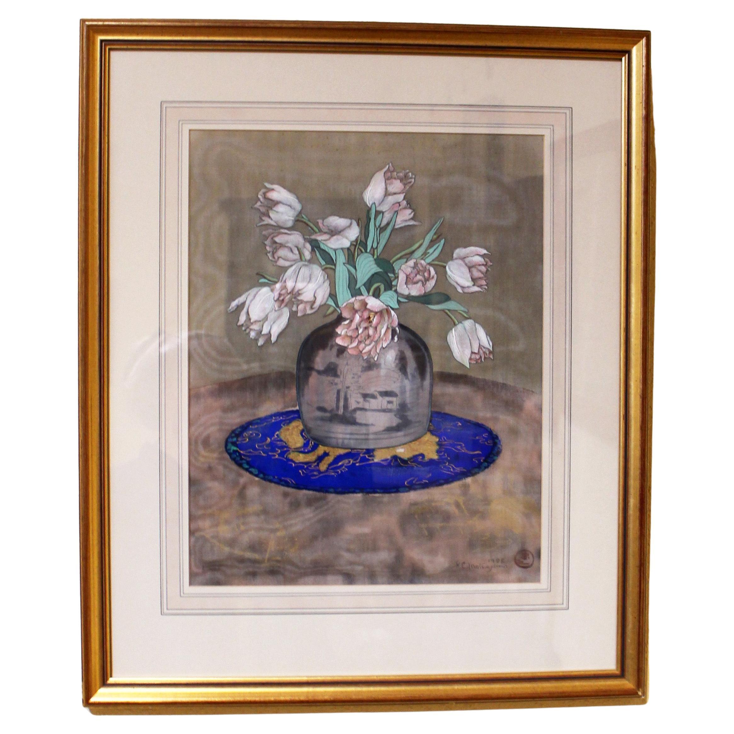 Aquarelle sur soie de 1928 signée et datée par A.C. Matsuyama représentant des "Tulipes dans un vase". en vente