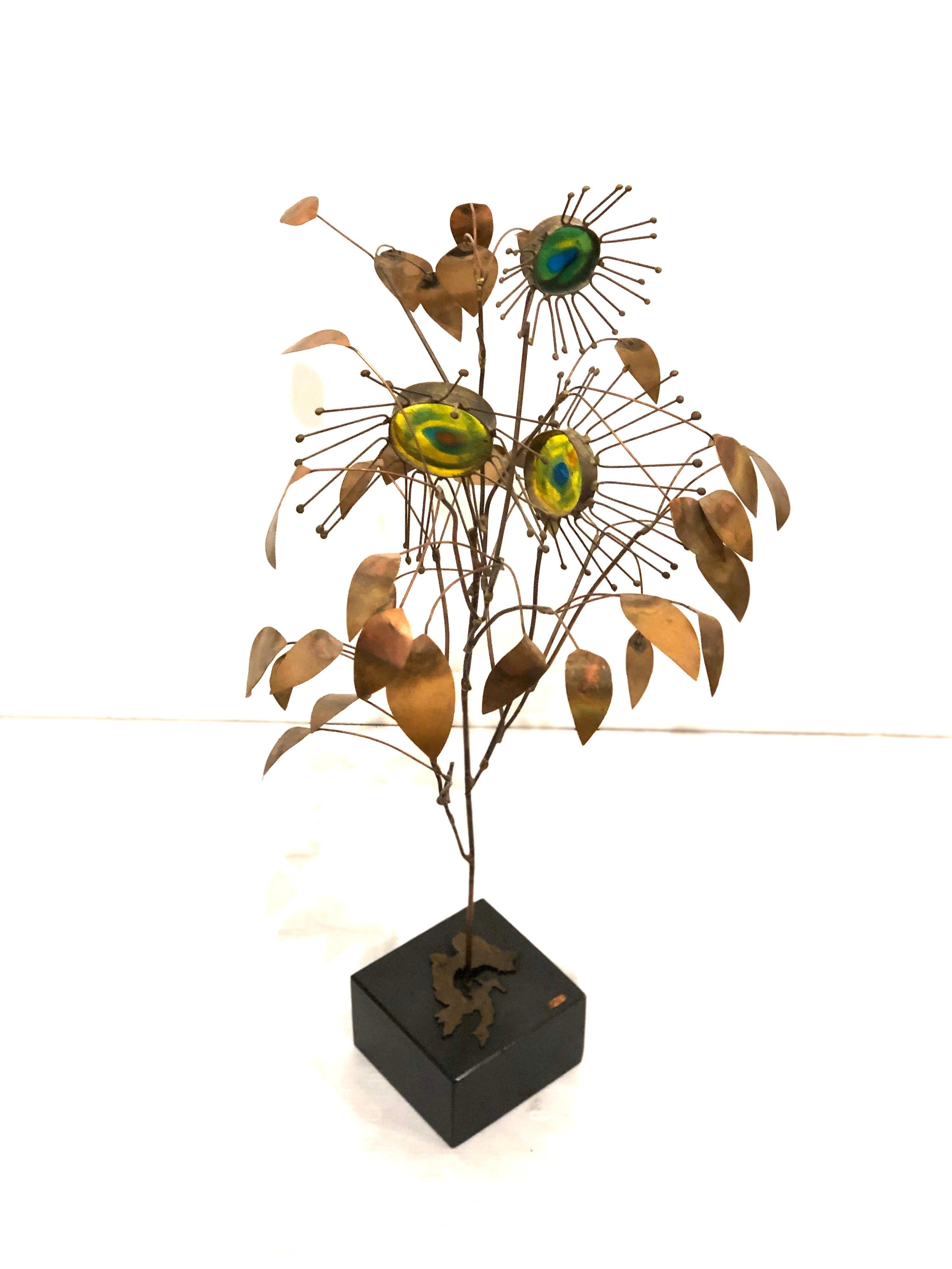 A beautiful unique studio Jere brutal tree sculpture, circa 1966 signed and dated colorful resin inserts make this sculpture unique we can't find another one like it, this piece its very nice and impressive in copper, brass, and resin sitting on a