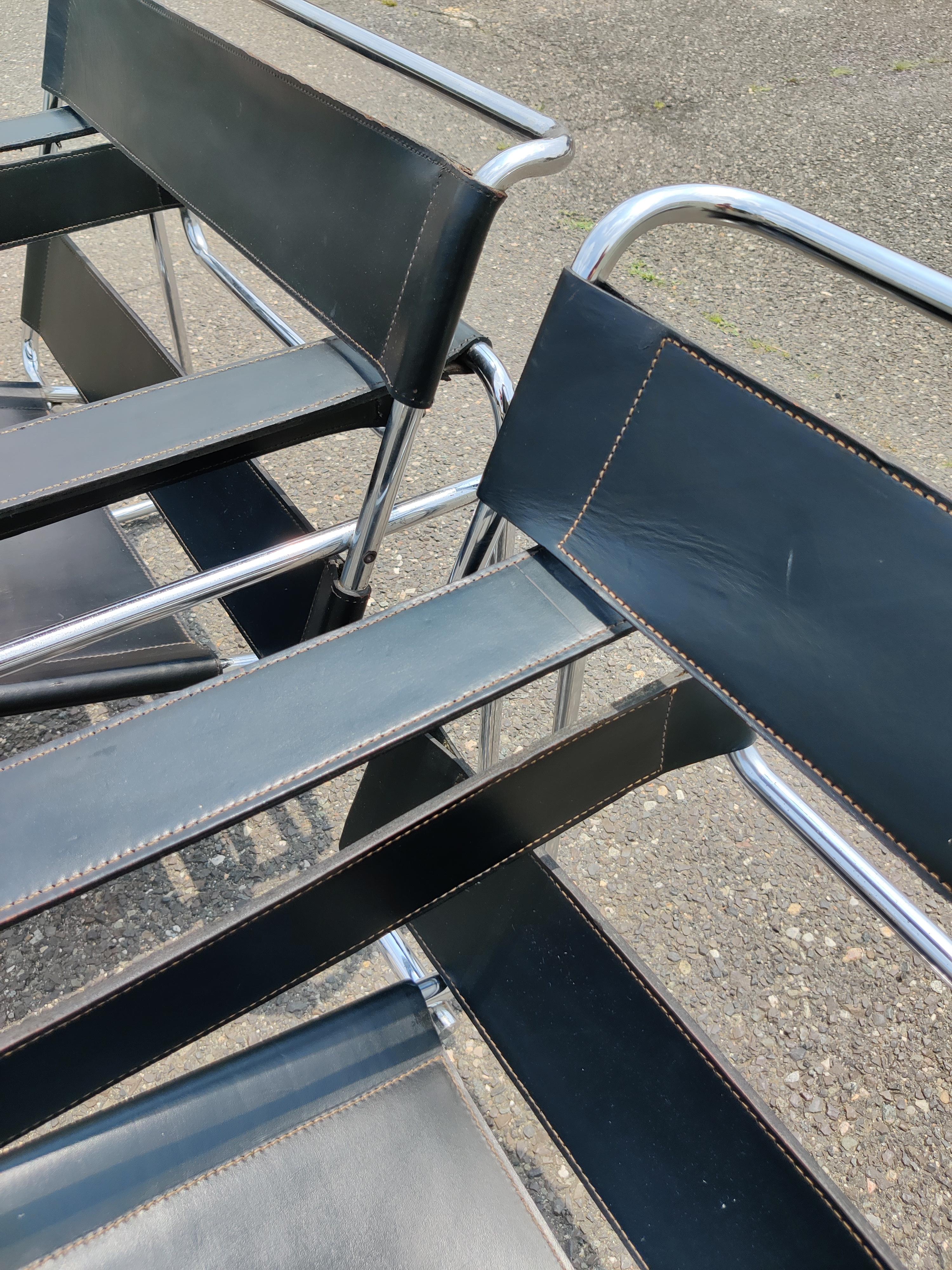 Steel Signed & Dated Marcel Breuer Pair Wassily Lounge Chairs Knoll Blk Lthr & Chrome