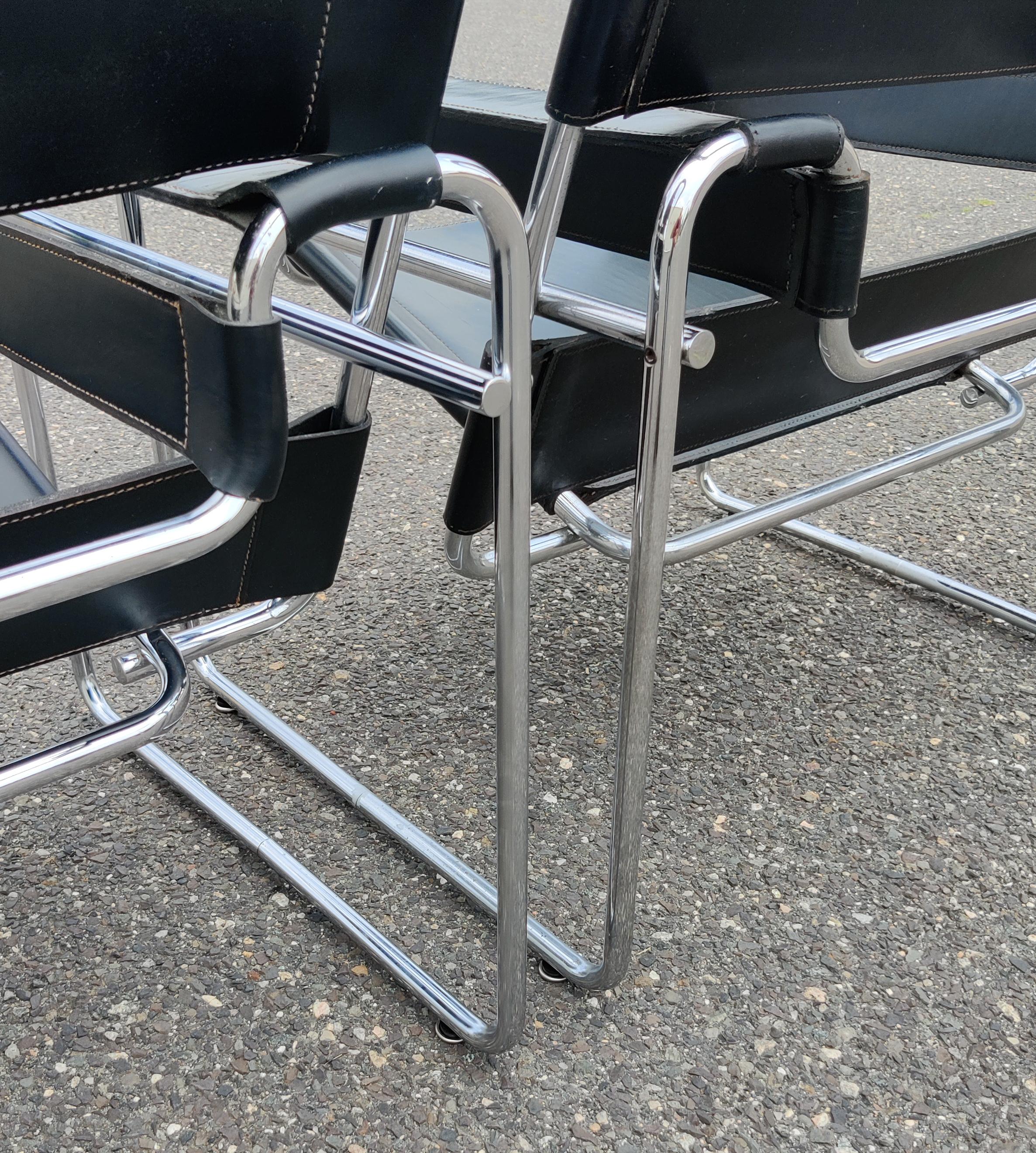 Signed & Dated Marcel Breuer Pair Wassily Lounge Chairs Knoll Blk Lthr & Chrome 1