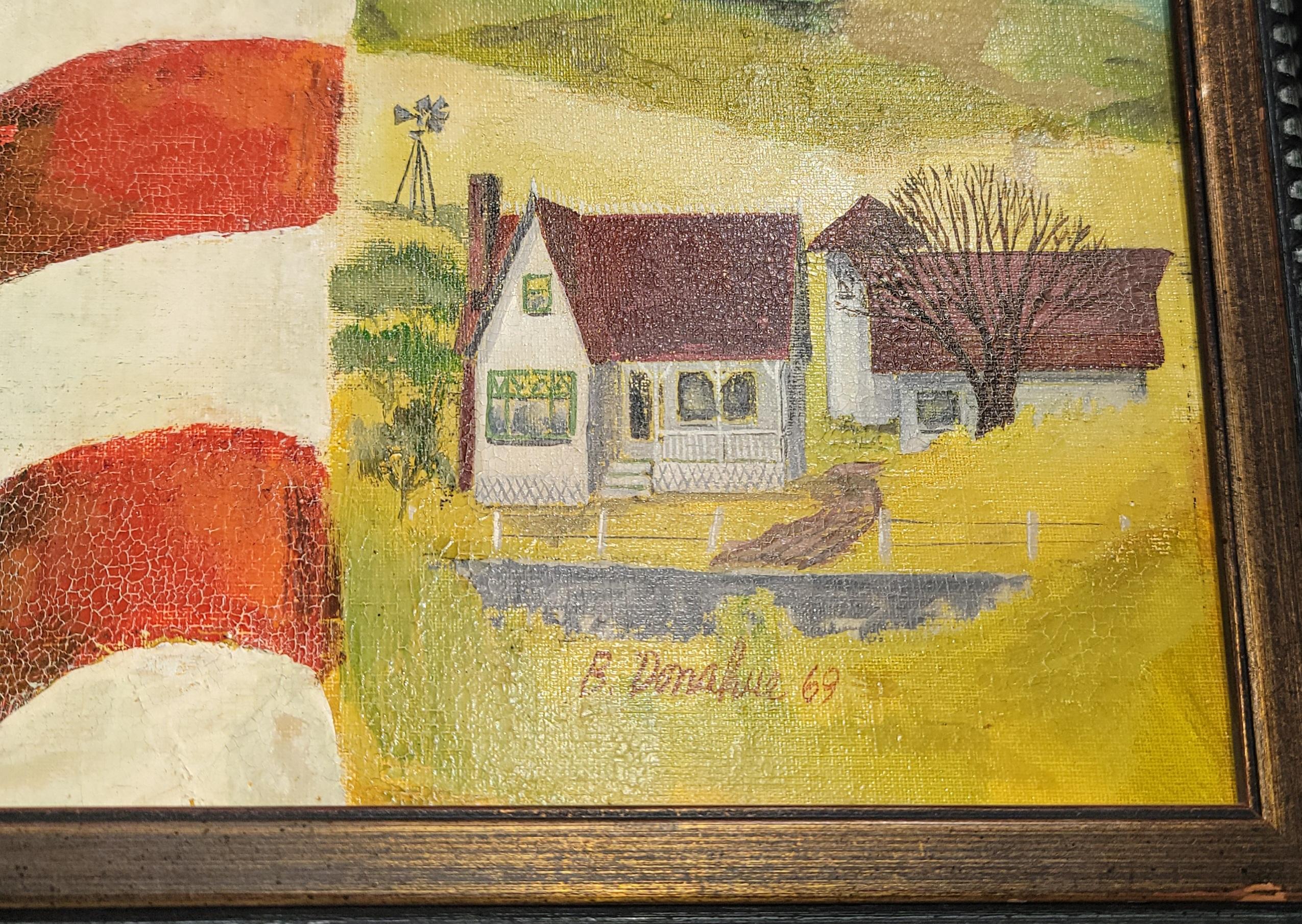 Firmado B. Donahue y fechado 1969 Pintura Bandera Patriótica. 
A la izquierda, un cementerio en honor a los héroes caídos en la guerra. A la derecha de la bandera hay una casa aparentemente agrícola, que podría parecerse a la casa familiar de un