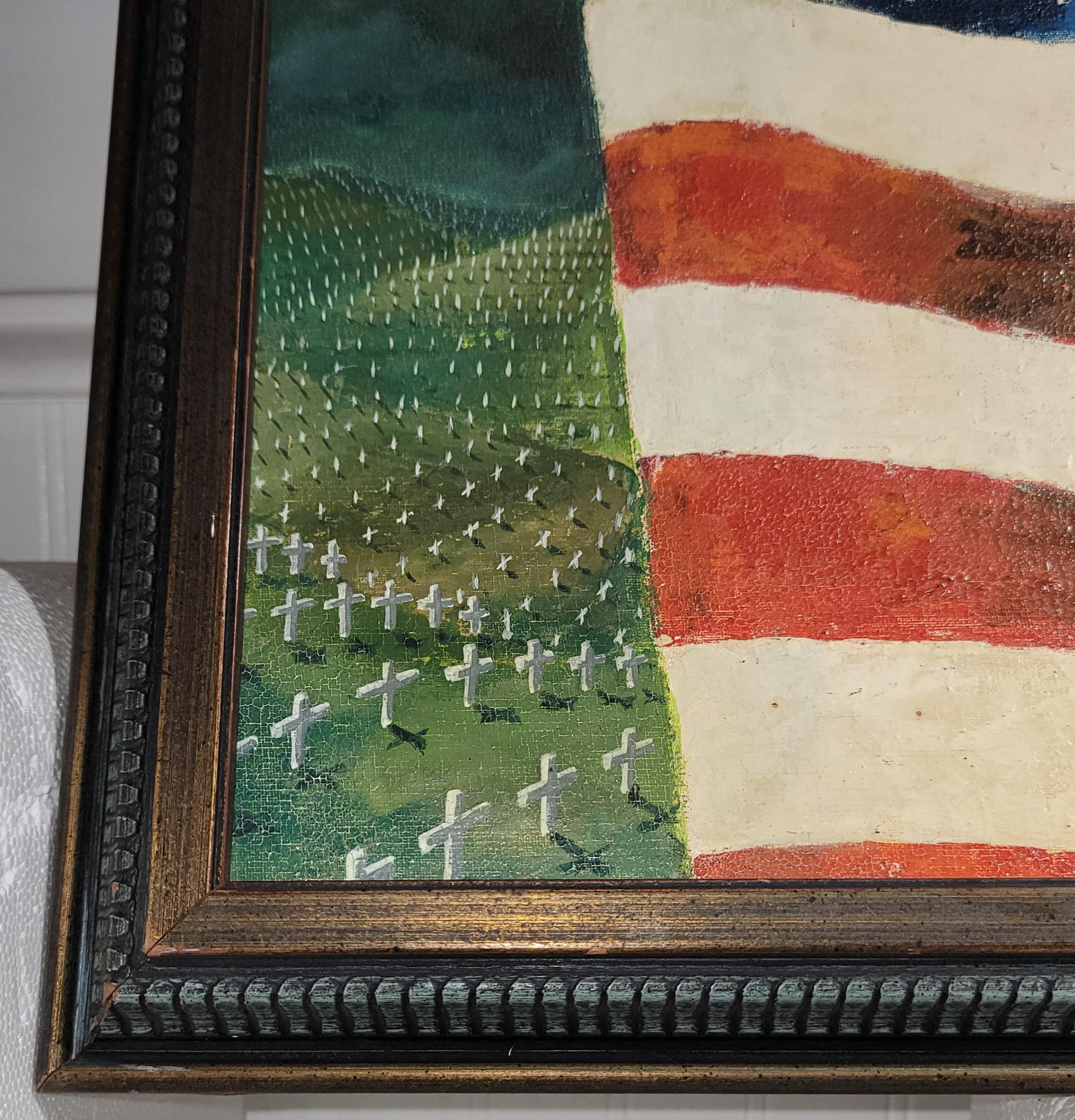 Pintura Patriótica Bandera Americana Firmada y Fechada Pintado a mano en venta