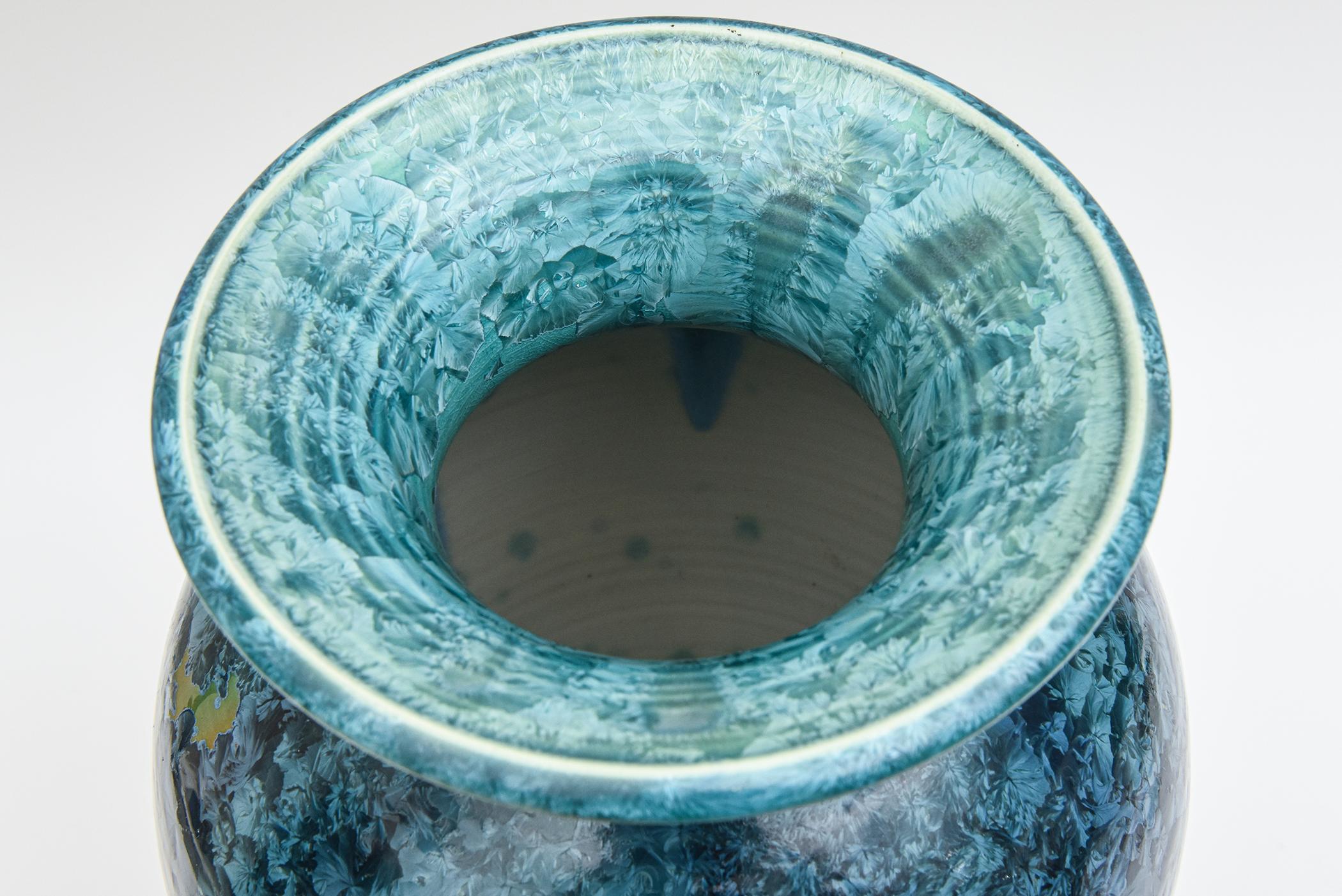American Signed Dated Phil Morgan Crystalline Glazed Blue Copper Ceramic Vessel Or Vase
