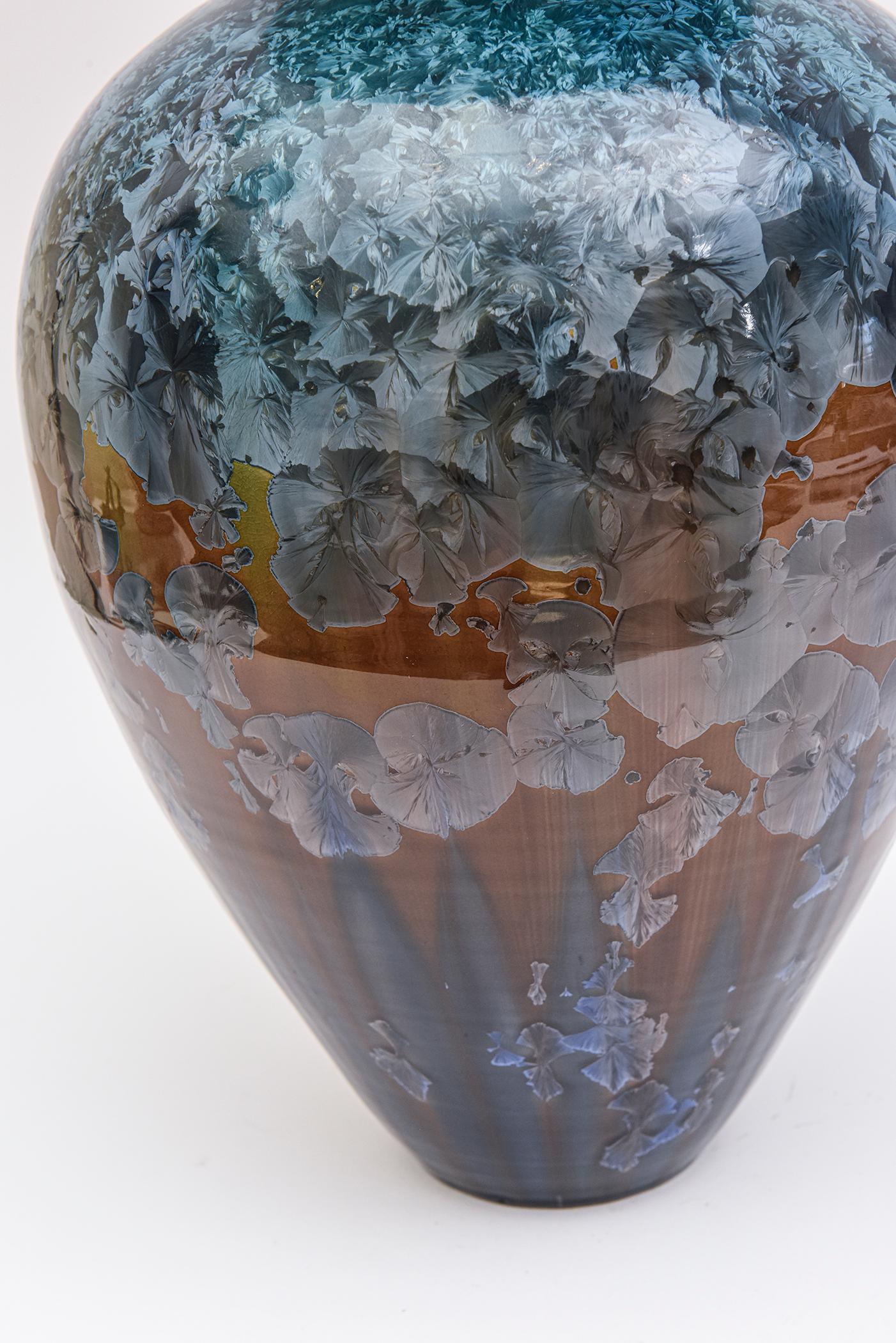 Late 20th Century Signed Dated Phil Morgan Crystalline Glazed Blue Copper Ceramic Vessel Or Vase