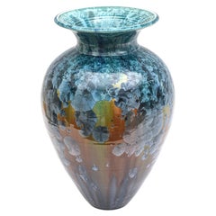 Signed Dated Phil Morgan Crystalline Glazed Blue Copper Ceramic Vessel Or Vase