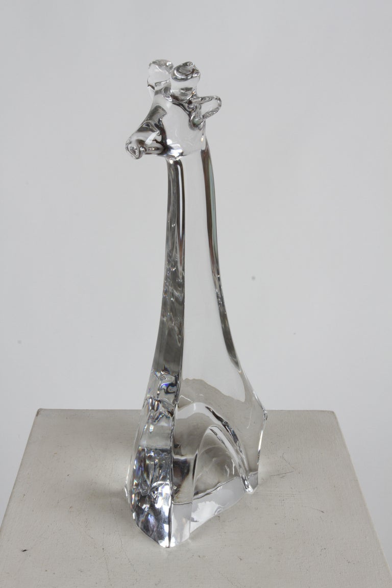 French Signed Daum Tall Clear Crystal Giraffe Animal Sculpture Figure, France For Sale