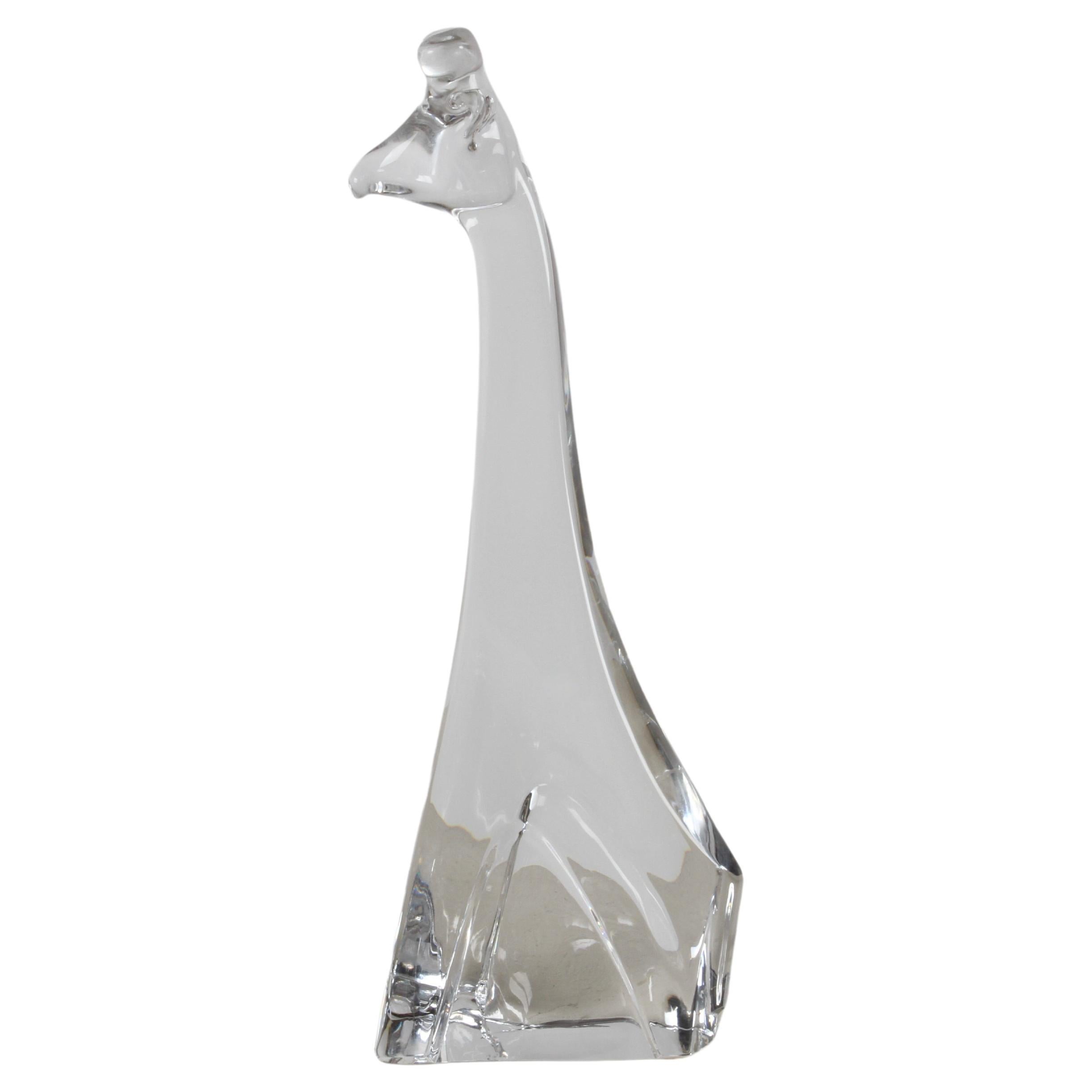 Grande sculpture d'animal girafe en cristal transparent signée Daum, France