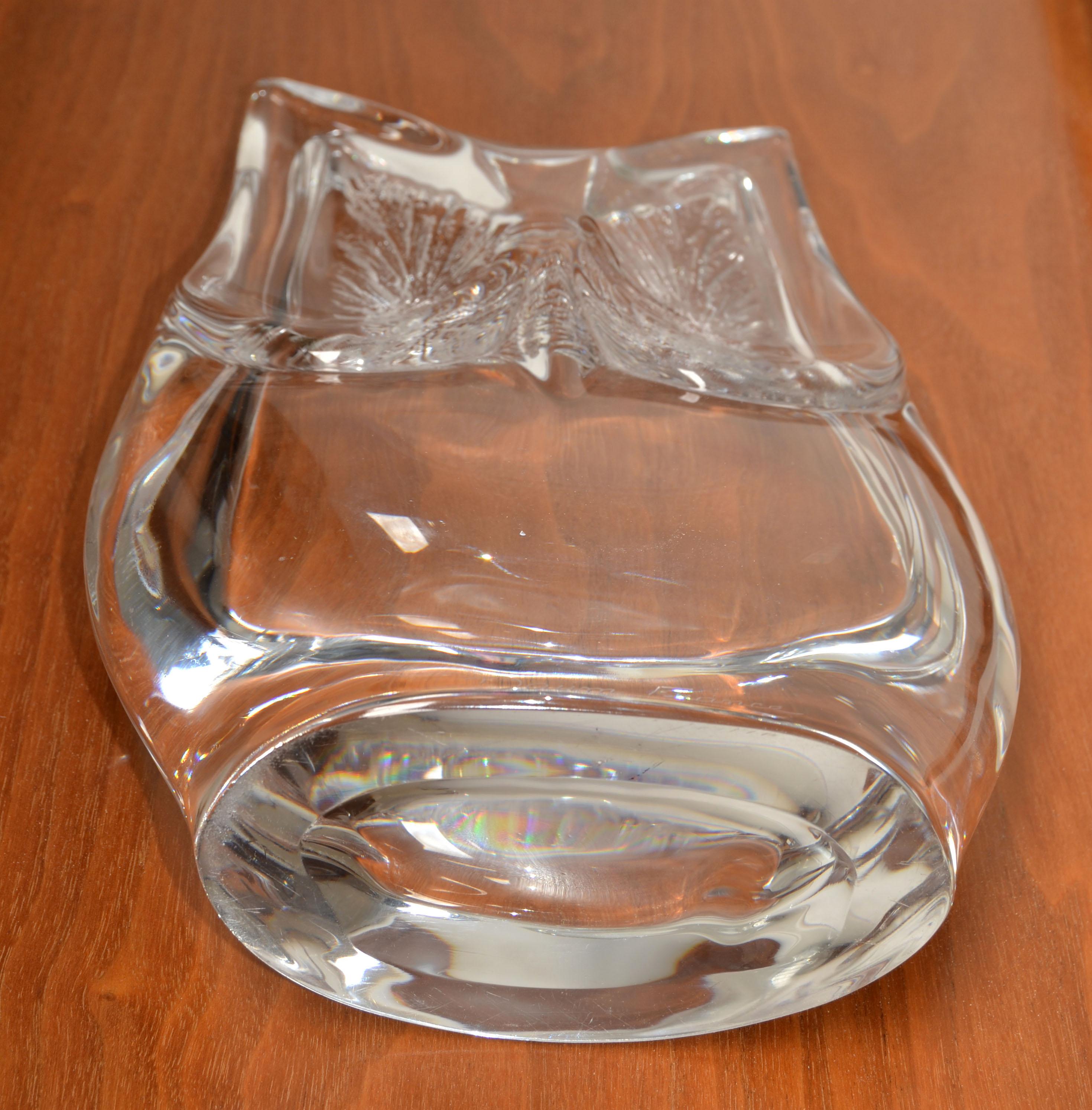 Signed Daum France Crystal Carved Owl Sculpture Figurine Mid-Century Modern 1970 For Sale 6